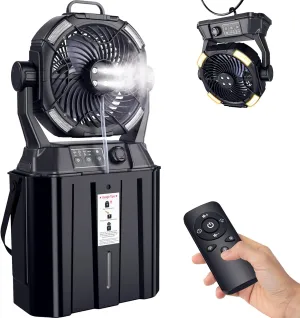 Misting Fan Portable for Outside Patios- 20000mAh Rechargeable Battery Powered fan, 3 LED Light Modes & Stepless Speed Control Camping Fan with 6L Bucket, Remote Control