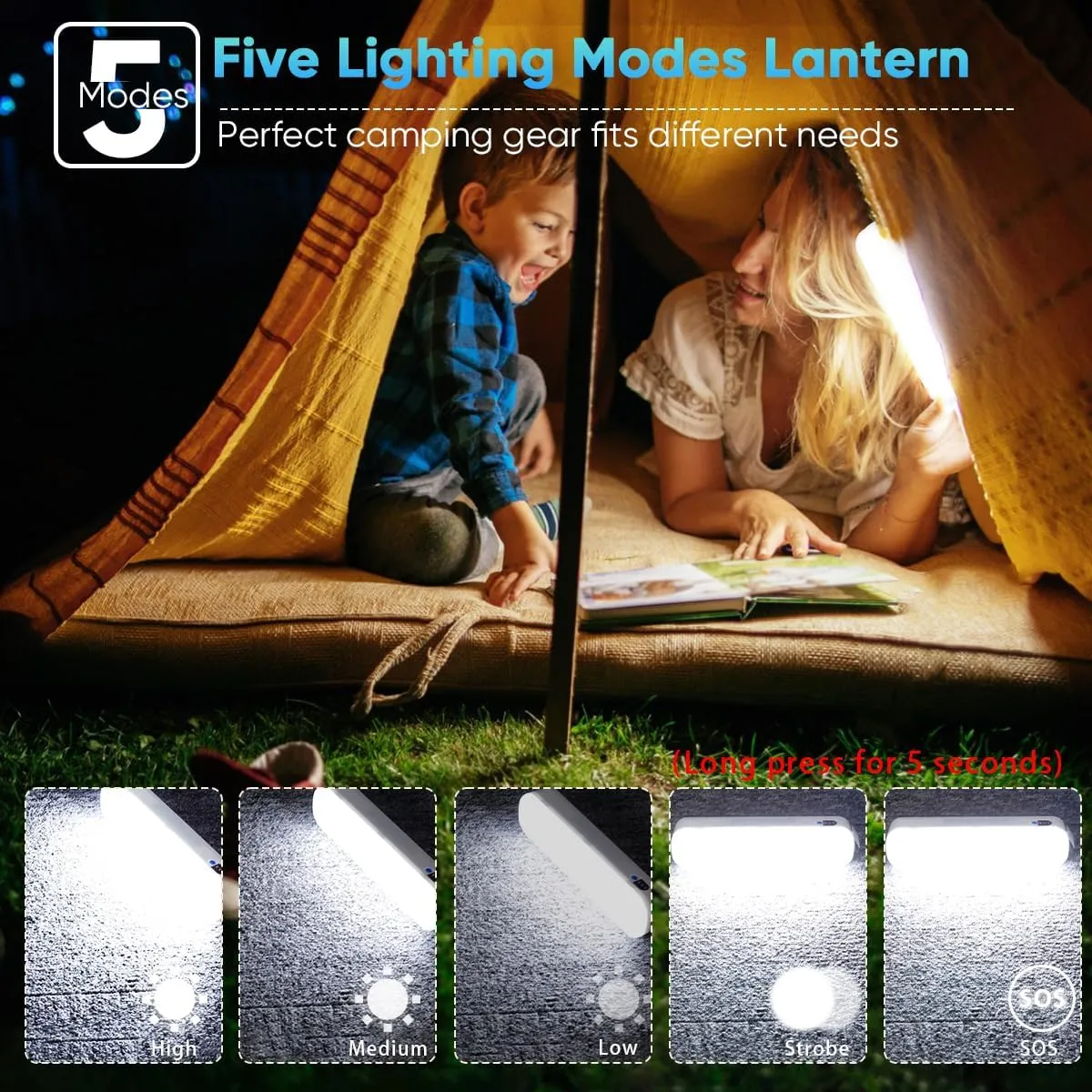 NAKCNM Camping Lantern Solar LED Camp Lamp Light Rechargeable 5 Modes 2000 Lumens Camp Light with Magnet and Hook, Portable Tent Light for Camping Emergency Power (White)