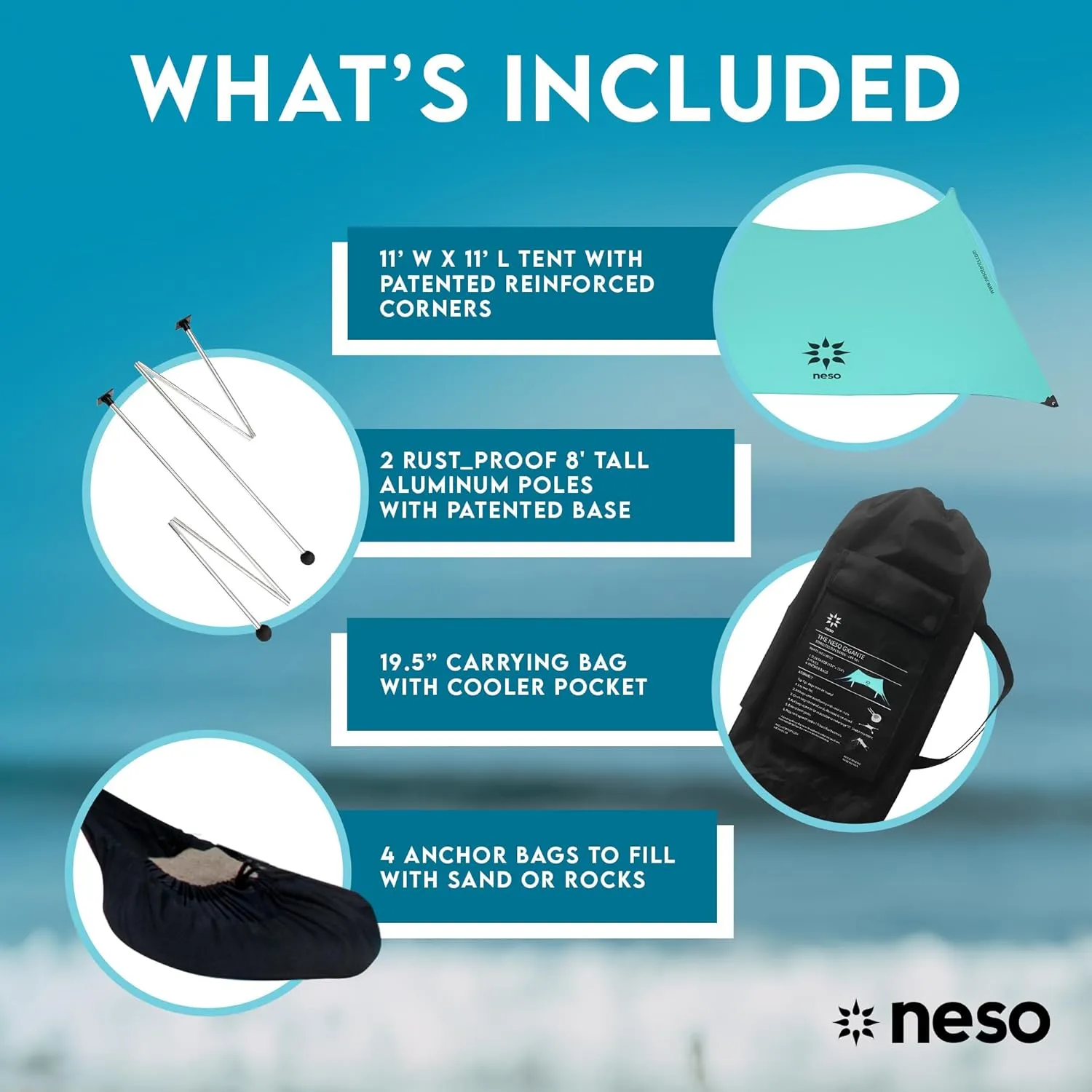 Neso Gigante - Portable Beach Tent - Ideal to Enjoy with Family and Friends - UPF 50 , Water-Resistant, and Lightweight - Seafoam, 11' x 11'