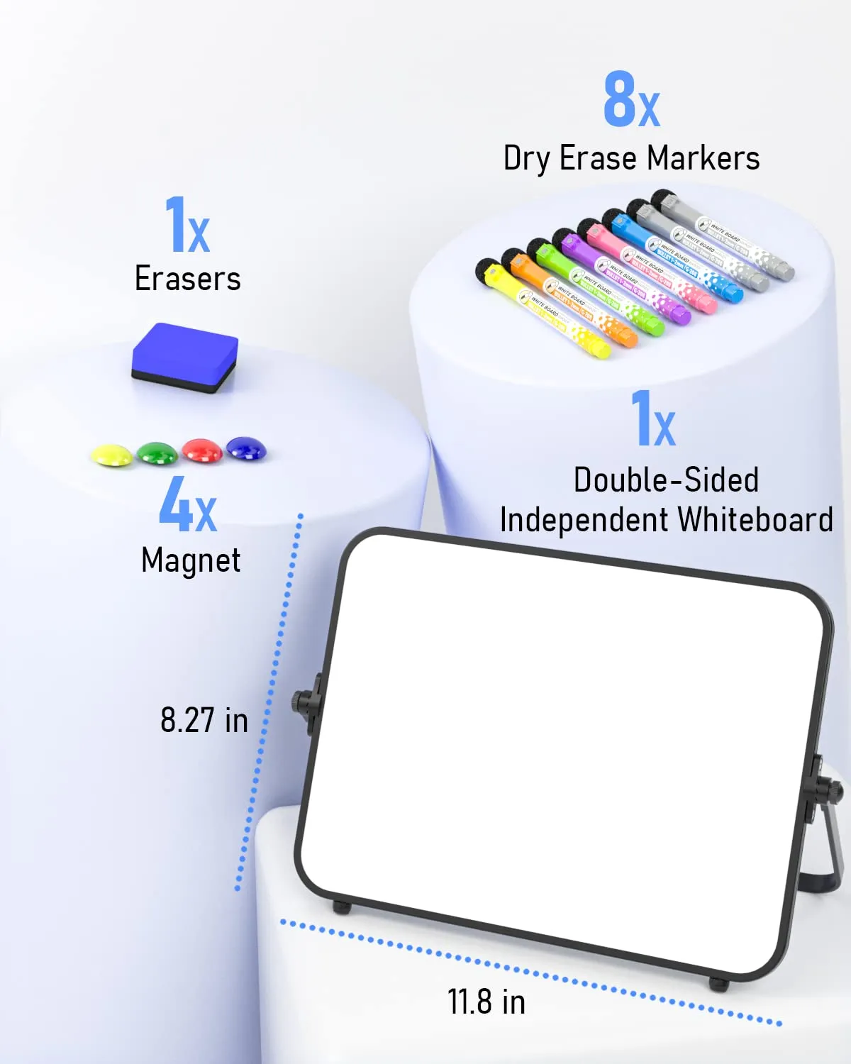 Nicpro Dry Erase Small Whiteboard A4 with Non-Slip Stand, 21 x 30 cm Double Sided Magnetic Desktop White Board 8 Pens, Eraser, Magnet, Portable Writing Easel, Blue, Green, Purple, White, (MG450)