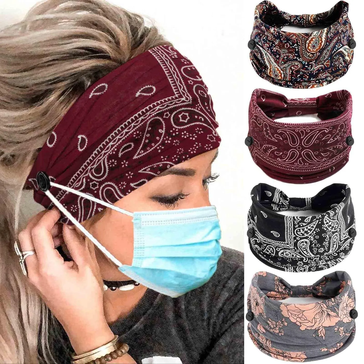 Olbye Bohemian Headbands with Buttons for Women & Girls - Wide Non-Slip Elastic Turban Headwraps for Workout, Yoga, Sports Hair Scarfs, Mask Ear Savers, 4Pcs (#7 Chic)