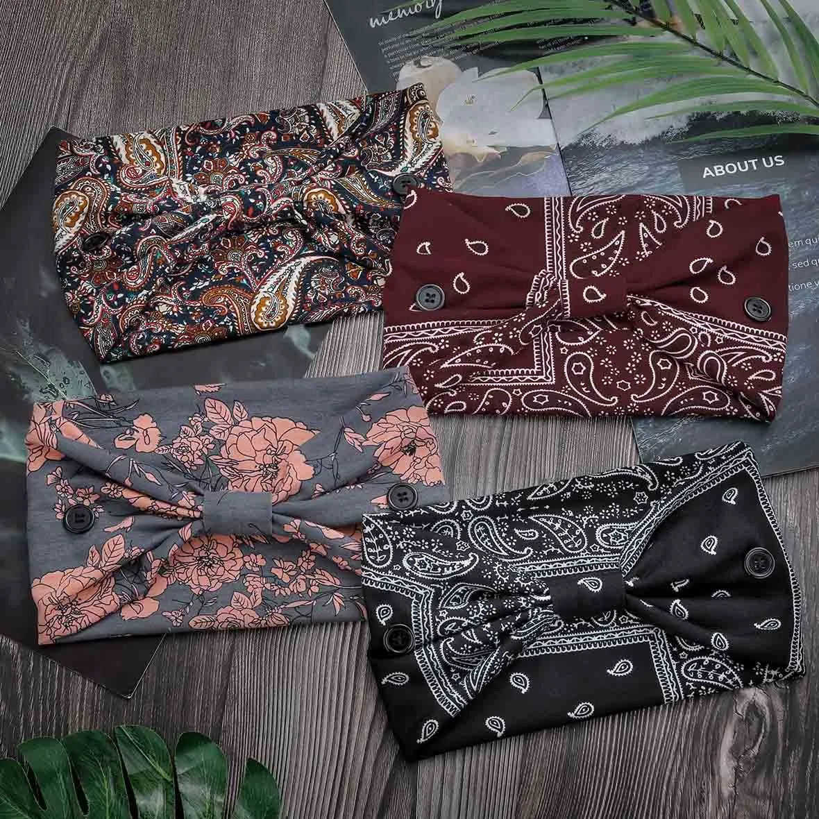 Olbye Bohemian Headbands with Buttons for Women & Girls - Wide Non-Slip Elastic Turban Headwraps for Workout, Yoga, Sports Hair Scarfs, Mask Ear Savers, 4Pcs (#7 Chic)