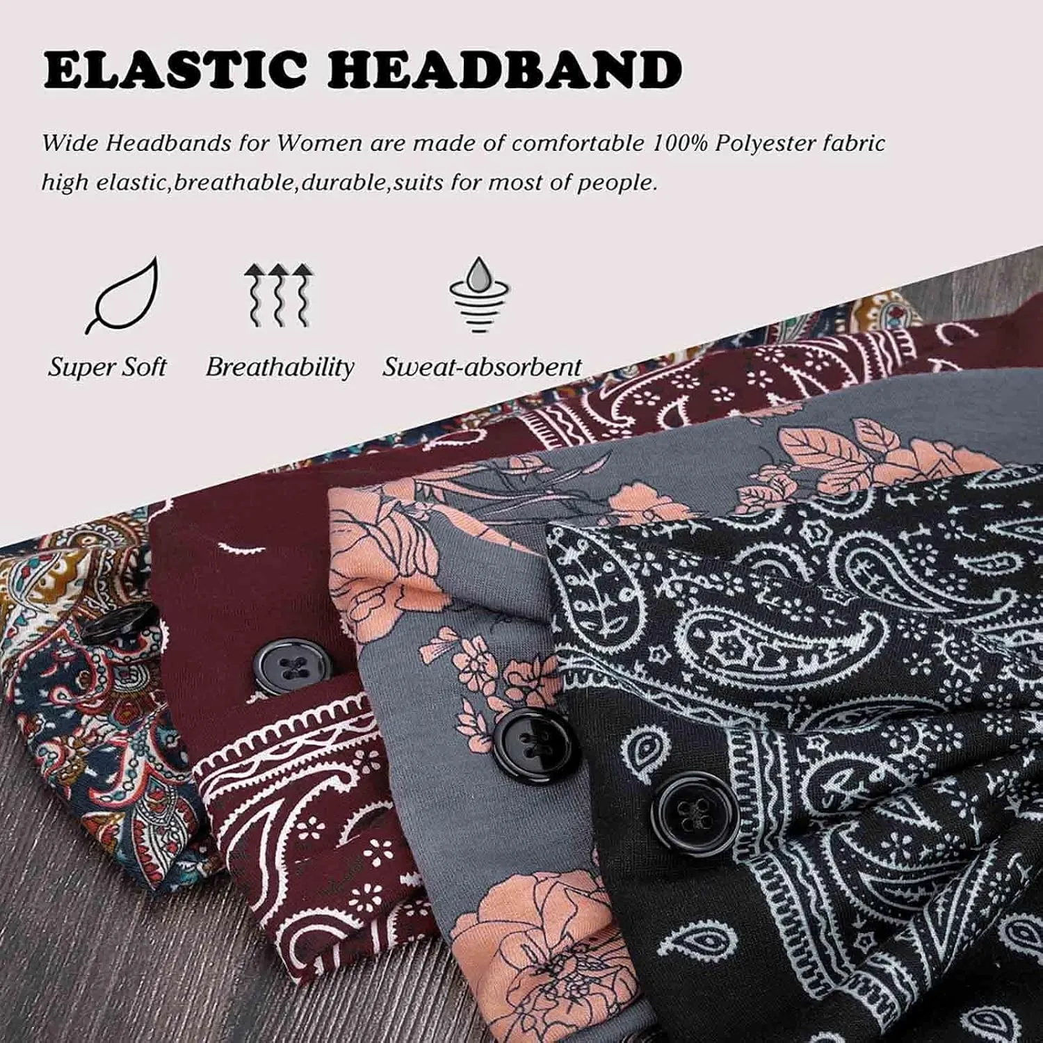 Olbye Bohemian Headbands with Buttons for Women & Girls - Wide Non-Slip Elastic Turban Headwraps for Workout, Yoga, Sports Hair Scarfs, Mask Ear Savers, 4Pcs (#7 Chic)