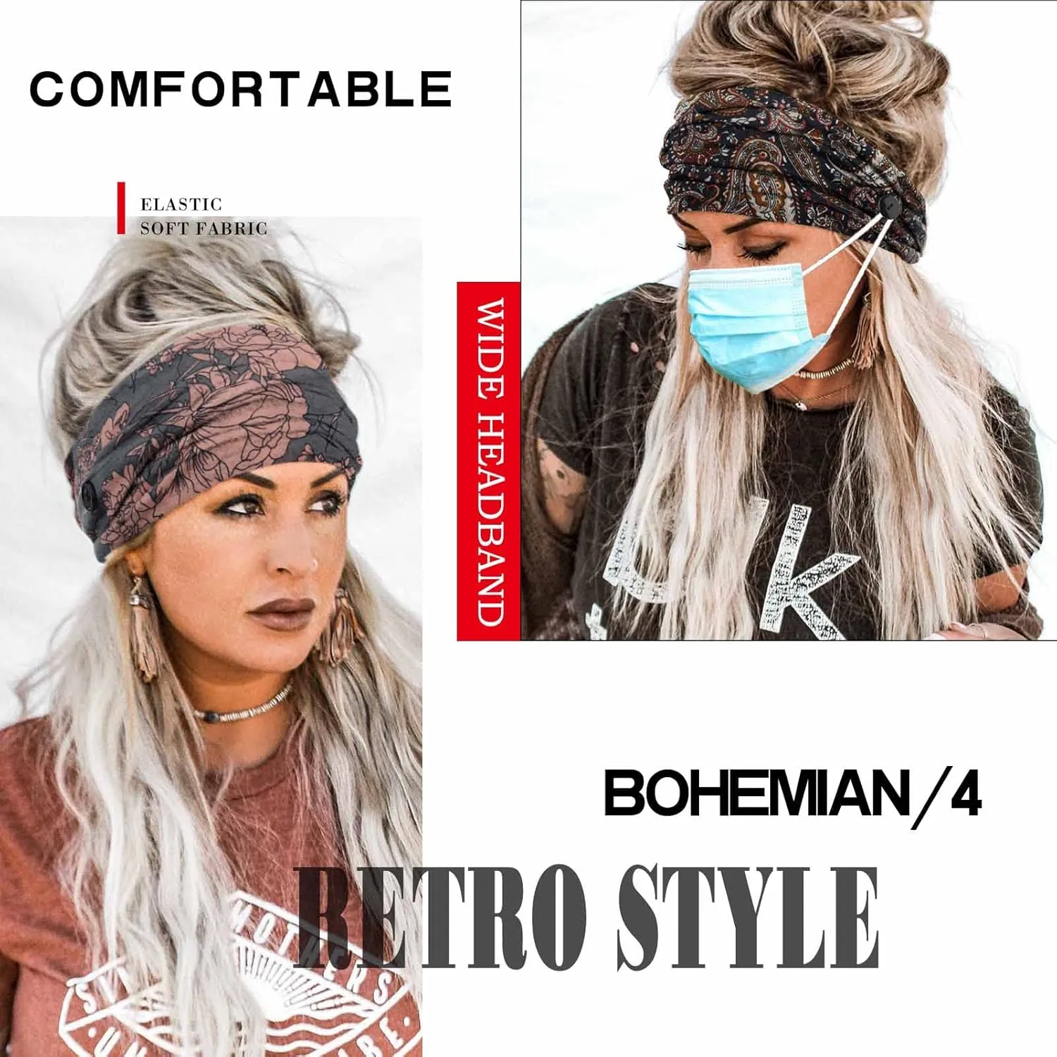 Olbye Bohemian Headbands with Buttons for Women & Girls - Wide Non-Slip Elastic Turban Headwraps for Workout, Yoga, Sports Hair Scarfs, Mask Ear Savers, 4Pcs (#7 Chic)
