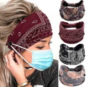 Olbye Bohemian Headbands with Buttons for Women & Girls - Wide Non-Slip Elastic Turban Headwraps for Workout, Yoga, Sports Hair Scarfs, Mask Ear Savers, 4Pcs (#7 Chic)