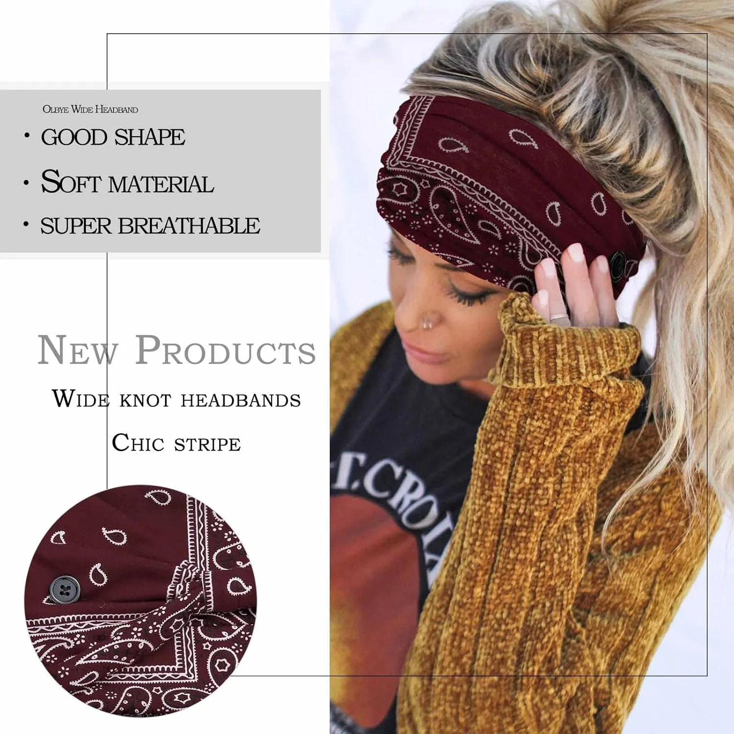 Olbye Bohemian Headbands with Buttons for Women & Girls - Wide Non-Slip Elastic Turban Headwraps for Workout, Yoga, Sports Hair Scarfs, Mask Ear Savers, 4Pcs (#7 Chic)