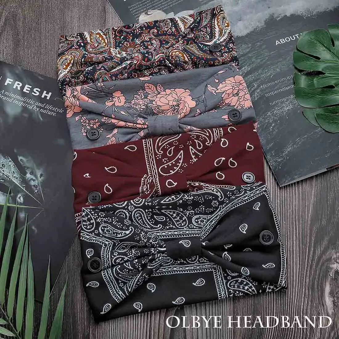 Olbye Bohemian Headbands with Buttons for Women & Girls - Wide Non-Slip Elastic Turban Headwraps for Workout, Yoga, Sports Hair Scarfs, Mask Ear Savers, 4Pcs (#7 Chic)