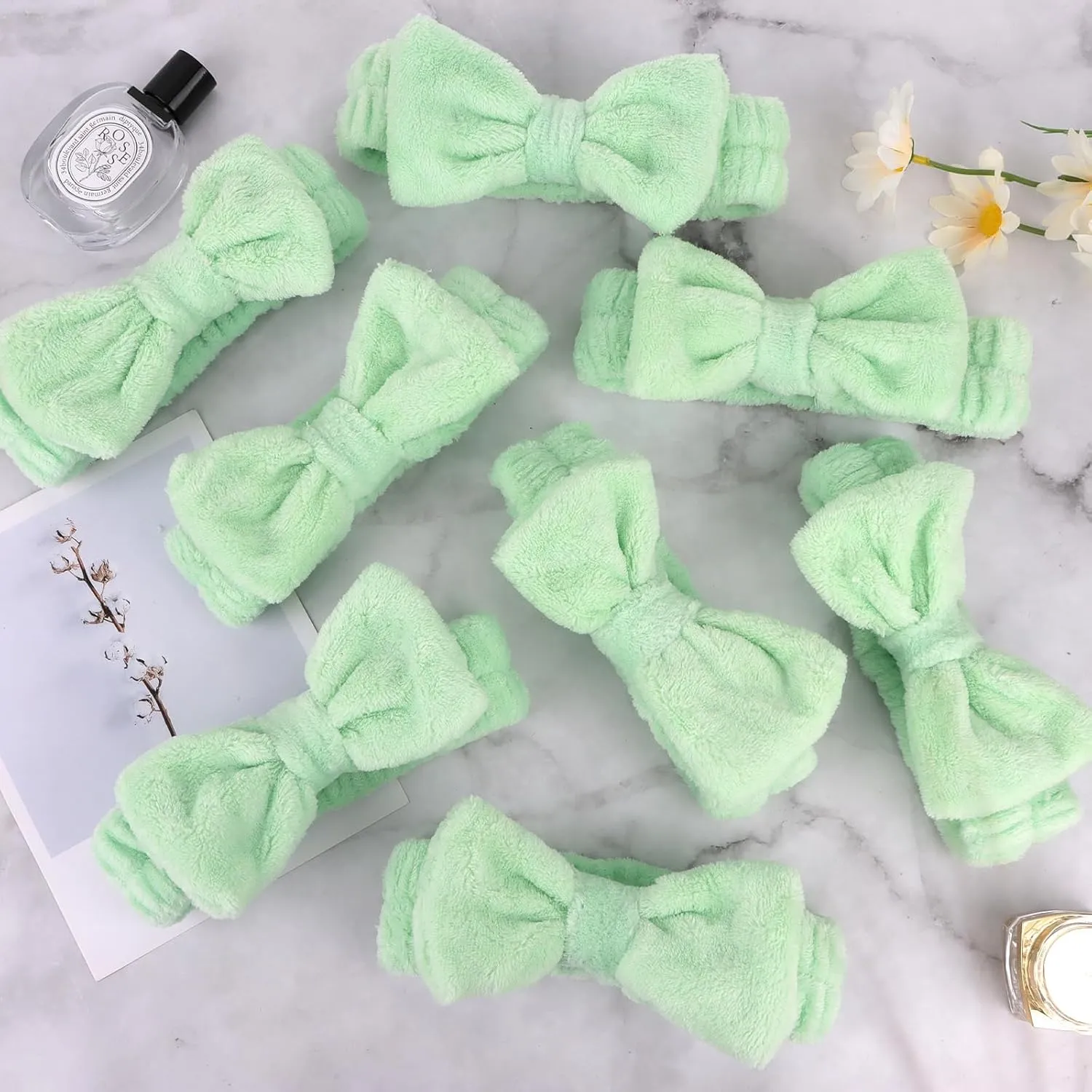Ondder Green Spa Terry Cloth Skincare Headbands for Women - 8 Pcs Makeup Bow Hair Bands for Face Washing and Skin Care