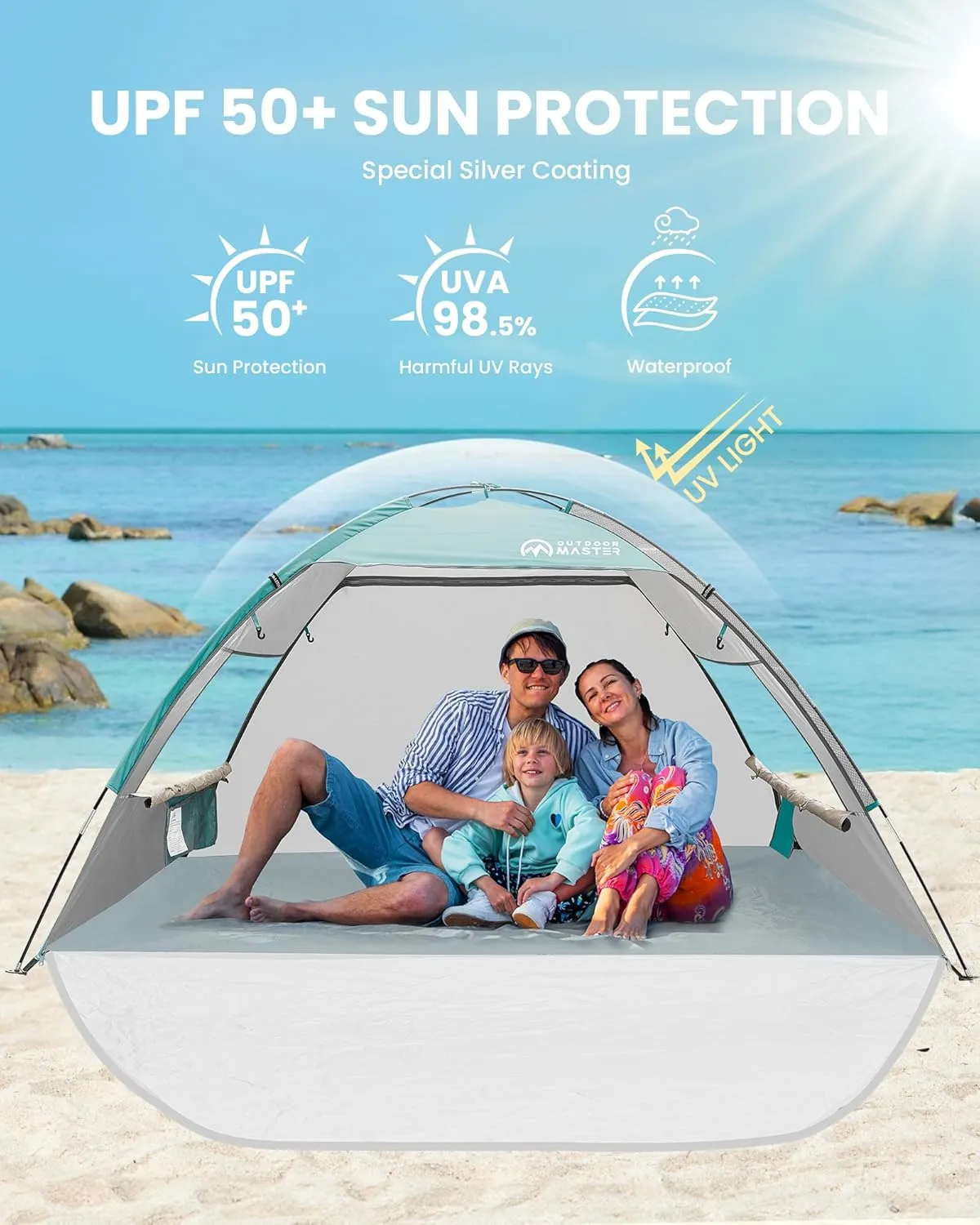 OutdoorMaster Beach Tent Sun Shelter with 2 Ventilated Doors, UPF50  Easy Setup Beach Tent Canopy for 3 Person, Lightweight & Portable Family Beach Umbrellas for Sand with Carrying Bag-Cancun Seashore
