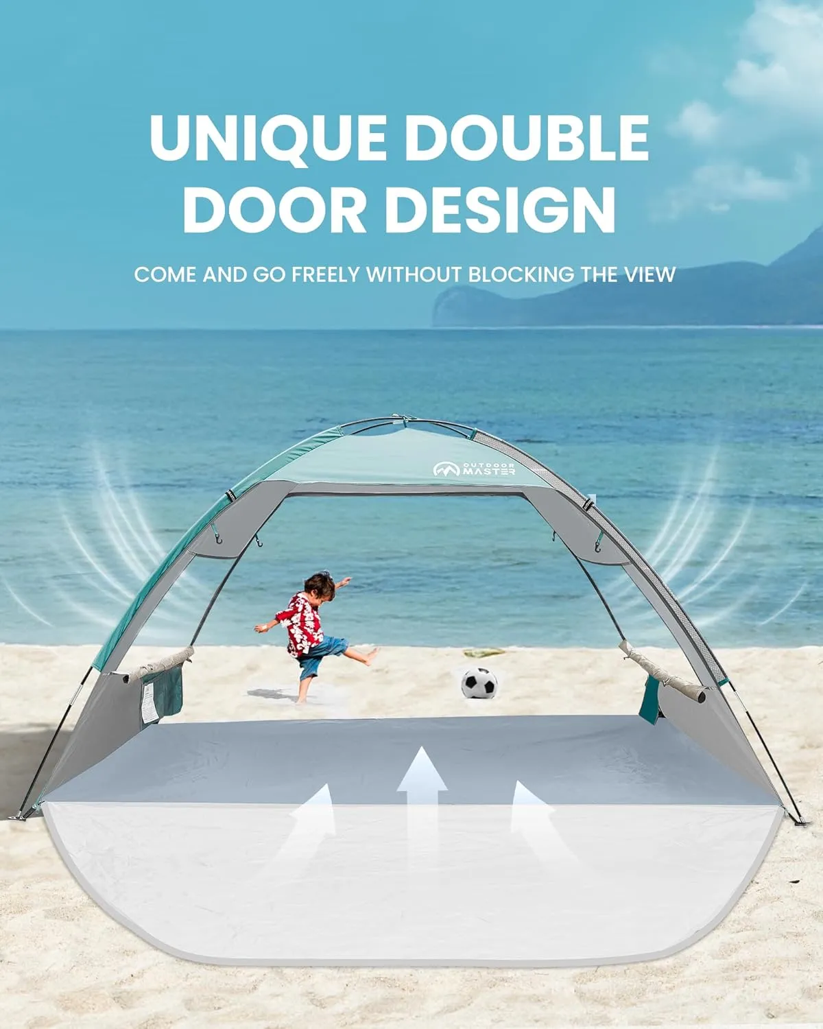 OutdoorMaster Beach Tent Sun Shelter with 2 Ventilated Doors, UPF50  Easy Setup Beach Tent Canopy for 3 Person, Lightweight & Portable Family Beach Umbrellas for Sand with Carrying Bag-Cancun Seashore