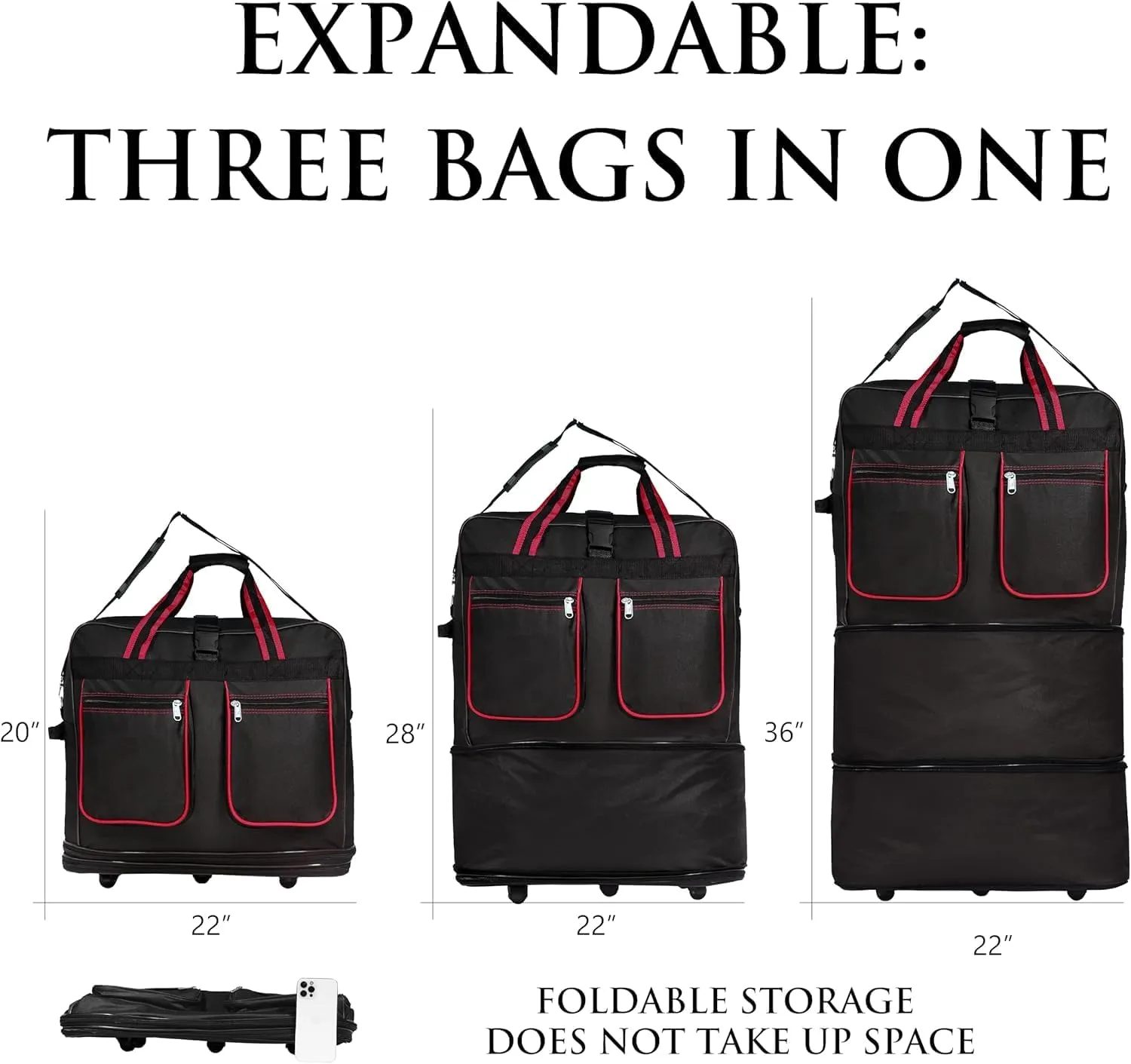 (Pack of 2) 36"" Duffle Bag Expandable Rolling Lightweight Wheeled Spinner Suitcase Luggage for Travel and Storage, Black, Wheelbag36 (RED TRIM)