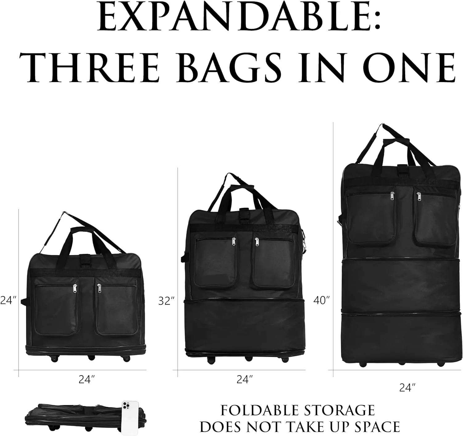 (Pack of 2) - 40"" Black Large Expandable Rolling 6 Wheeled Duffel Bag Spinner Suitcase Luggage (Black), NAVBL2PK40
