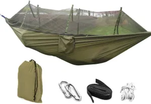 Portable Double Person Travel Camping Hammock Sleep Swing Bed with Mosquito net & Hammock Tree Straps, Parachute Nylon Hammock for Backpacking Travel (Dark Green)