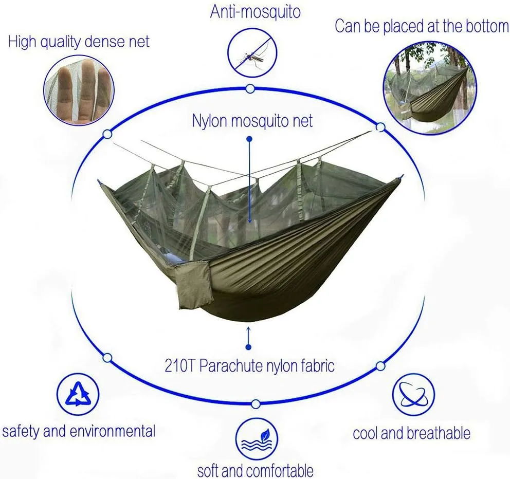 Portable Double Person Travel Camping Hammock Sleep Swing Bed with Mosquito net & Hammock Tree Straps, Parachute Nylon Hammock for Backpacking Travel (Dark Green)