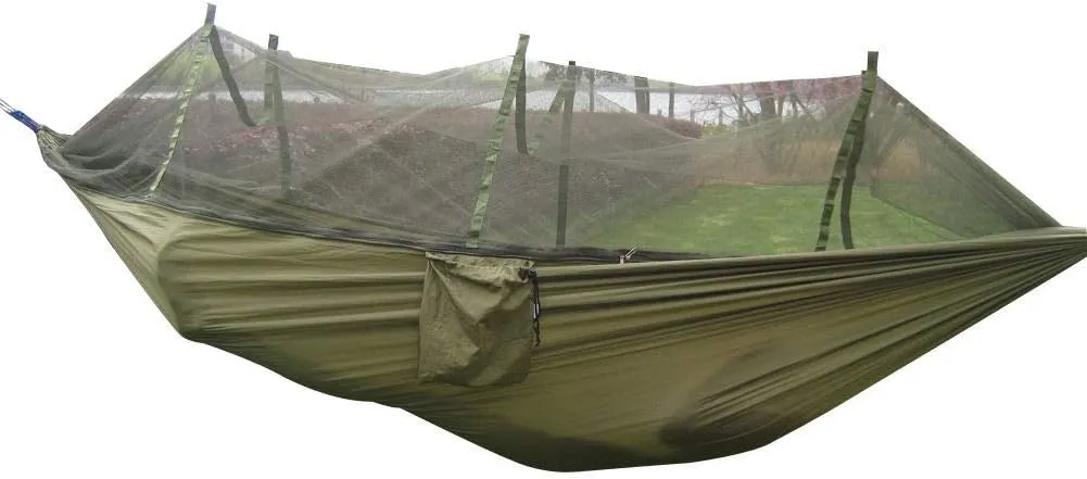 Portable Double Person Travel Camping Hammock Sleep Swing Bed with Mosquito net & Hammock Tree Straps, Parachute Nylon Hammock for Backpacking Travel (Dark Green)