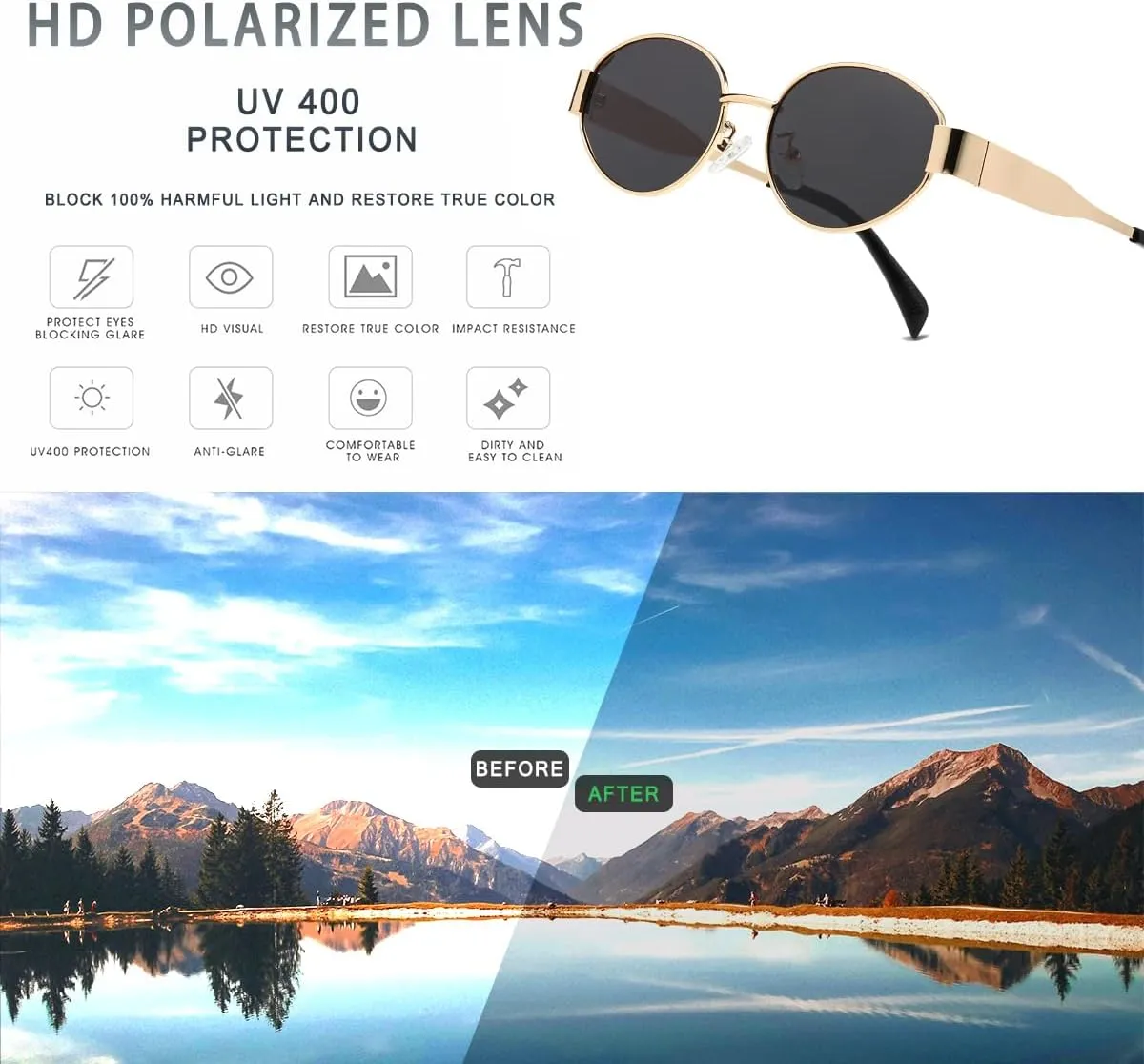 Retro Oval Sunglasses for Women Men - Trendy Polarized Sun Glasses Classic Metal Frame Shades