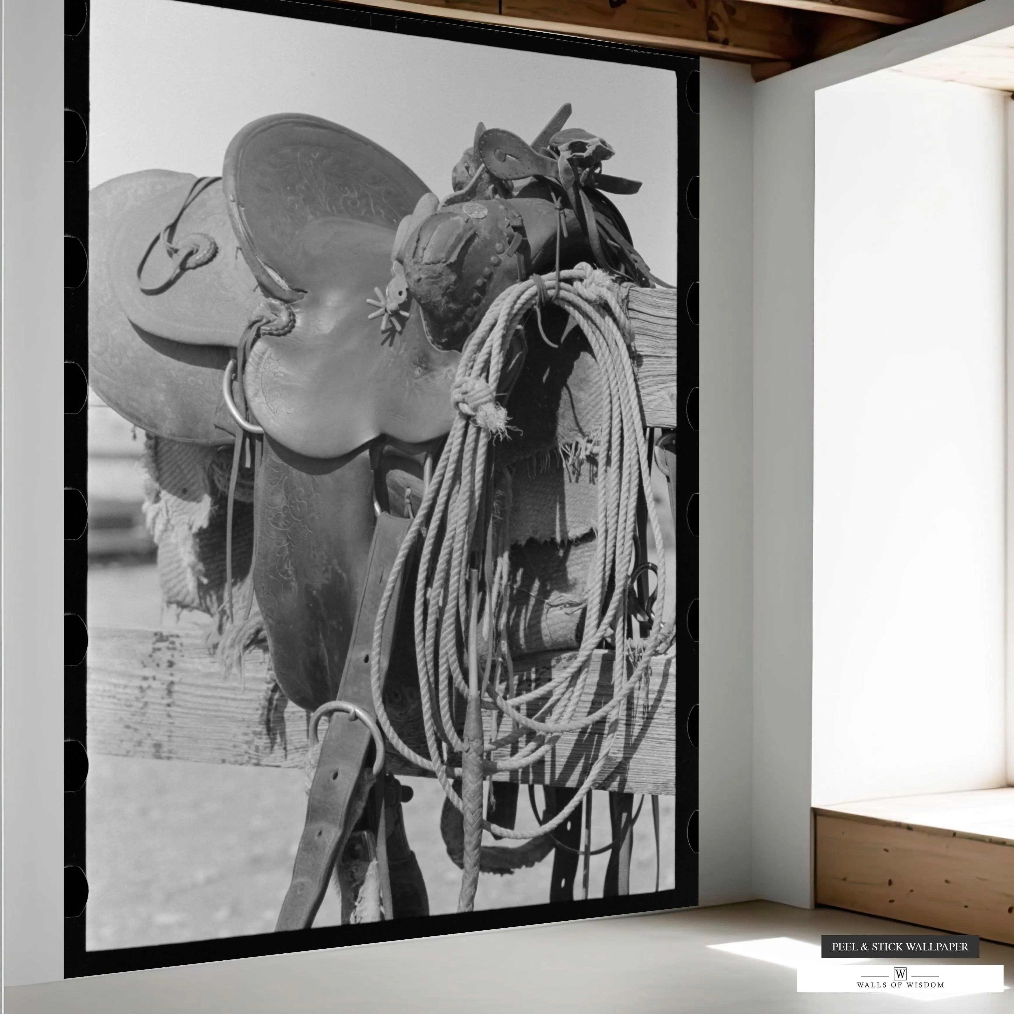 Saddle on Fence Vintage Photo Cowboy Mural - Elegant Western Ranch Peel & Stick Wallpaper