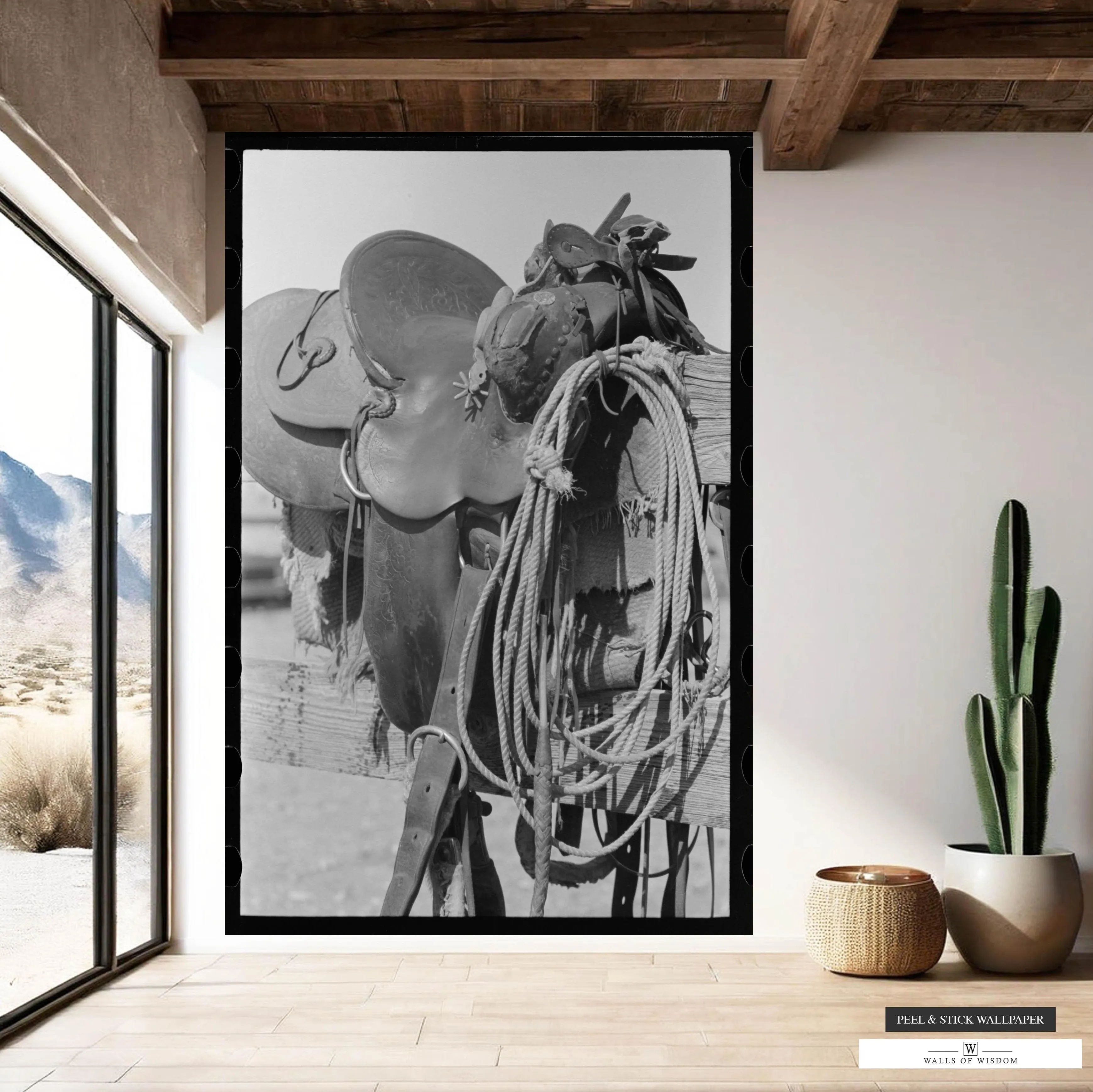 Saddle on Fence Vintage Photo Cowboy Mural - Elegant Western Ranch Peel & Stick Wallpaper