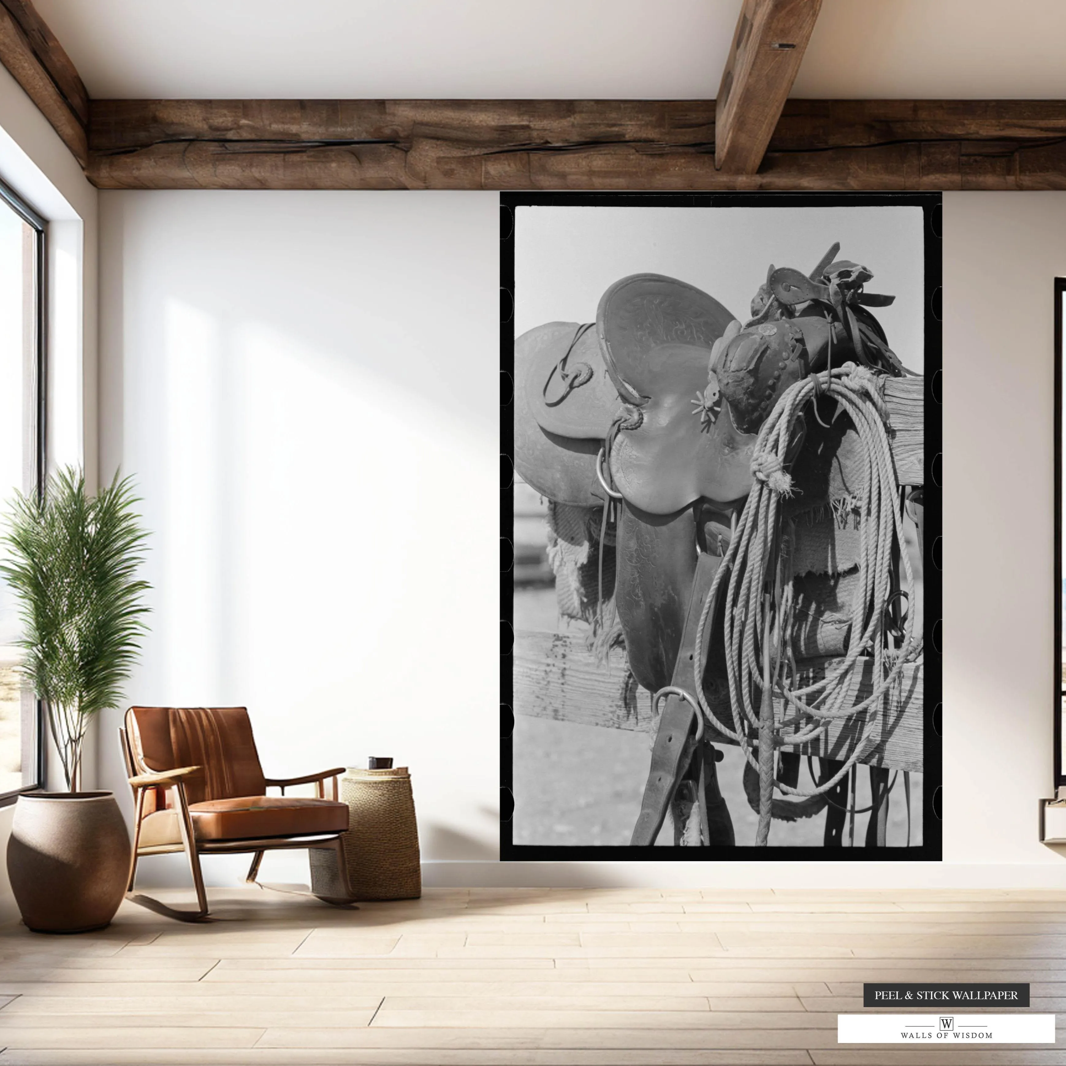 Saddle on Fence Vintage Photo Cowboy Mural - Elegant Western Ranch Peel & Stick Wallpaper