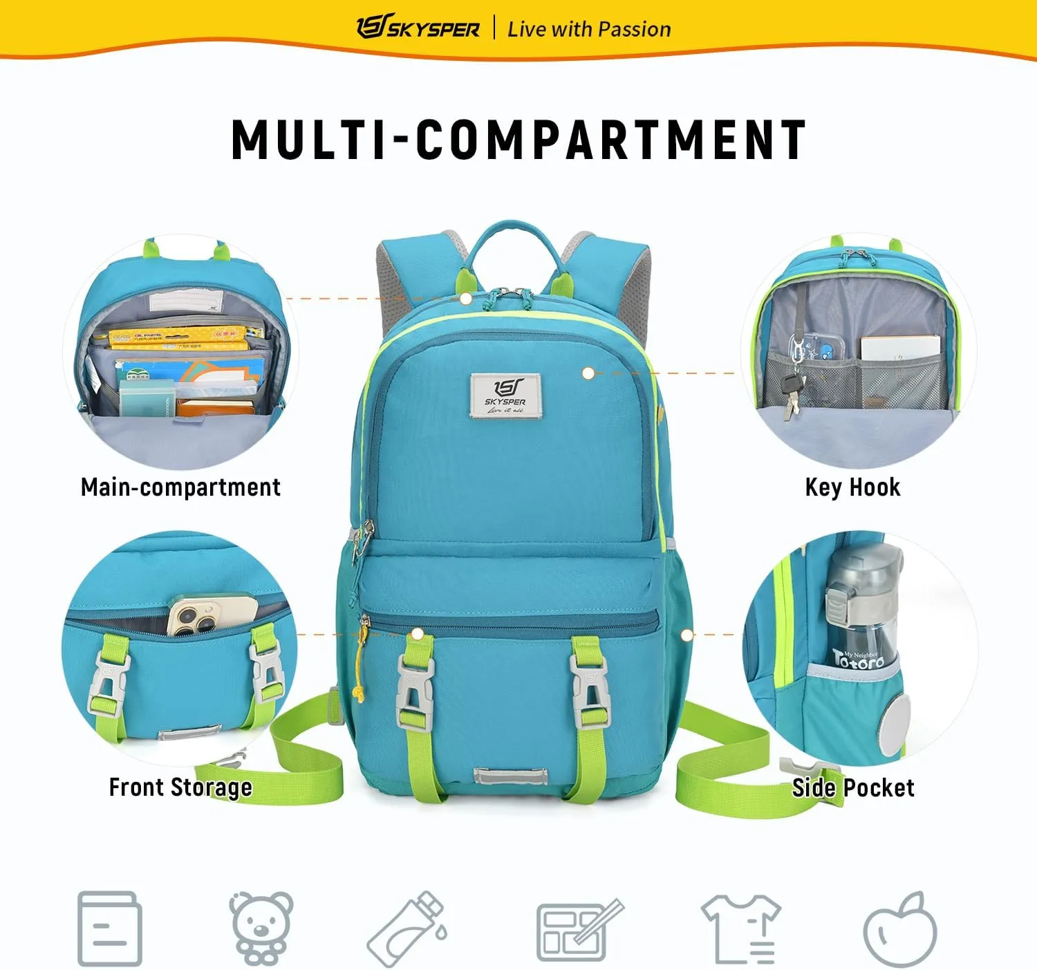 SKYSPER Kids Backpack - 18L School Backpacks Girls Multi-compartment Travel Bags Boys Bookbag Teen with DIY Sticker