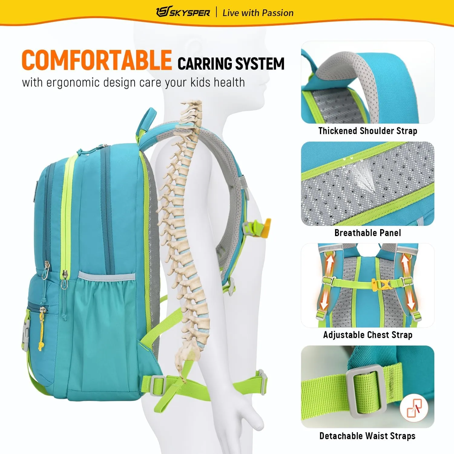 SKYSPER Kids Backpack - 18L School Backpacks Girls Multi-compartment Travel Bags Boys Bookbag Teen with DIY Sticker