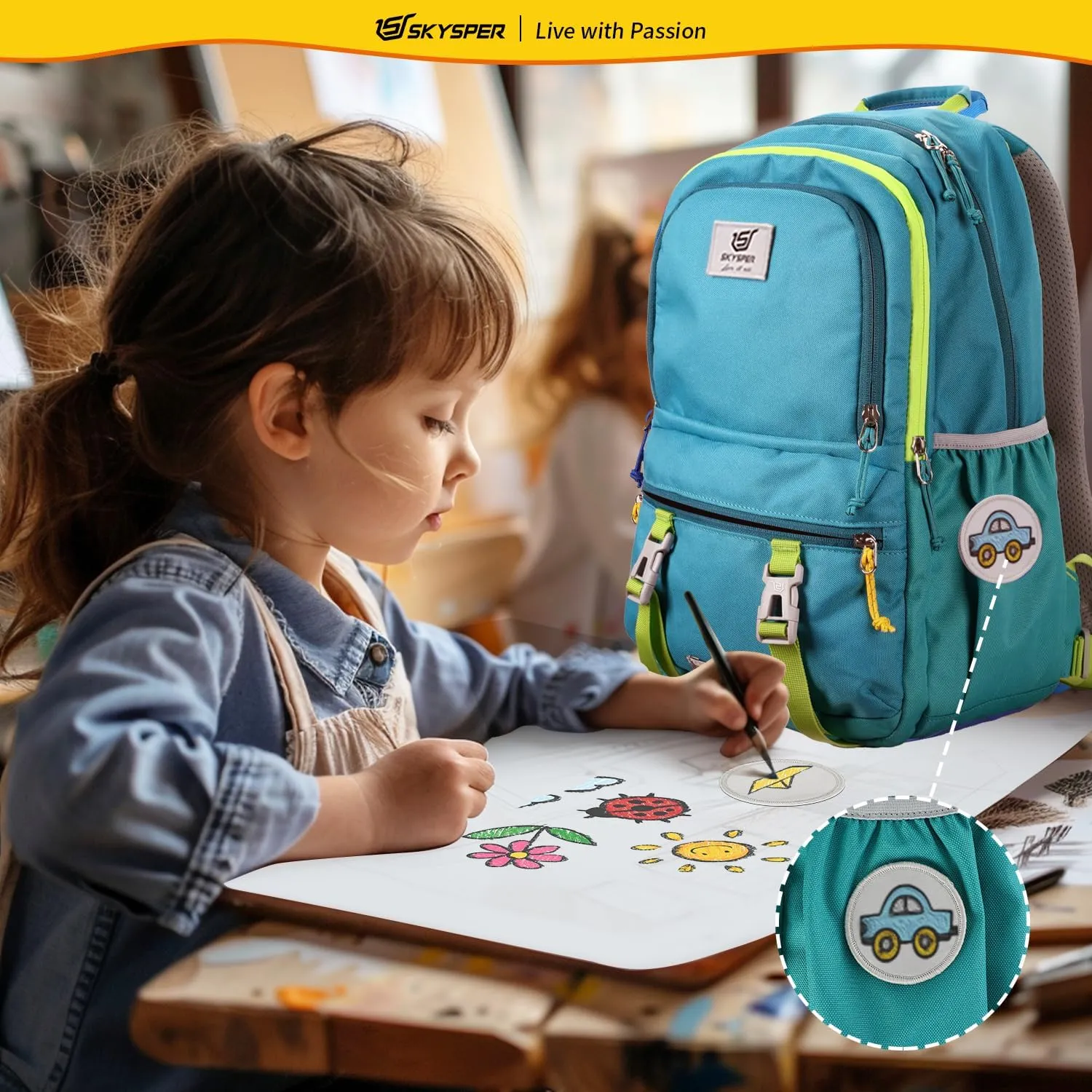 SKYSPER Kids Backpack - 18L School Backpacks Girls Multi-compartment Travel Bags Boys Bookbag Teen with DIY Sticker
