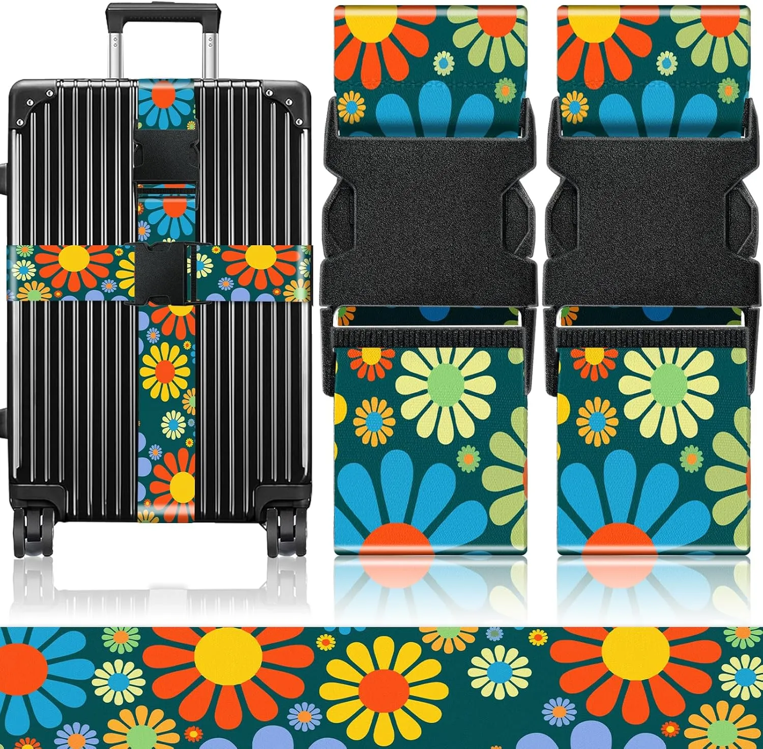 Slohif Luggage Straps for Suitcases Travel Belt Accessories Luggage Connector Identifiers 2 Pack Over Handle with Buckle Unique Nylon Adjustable Strap for Sleeping Bag Car Seat Cartoon Flower