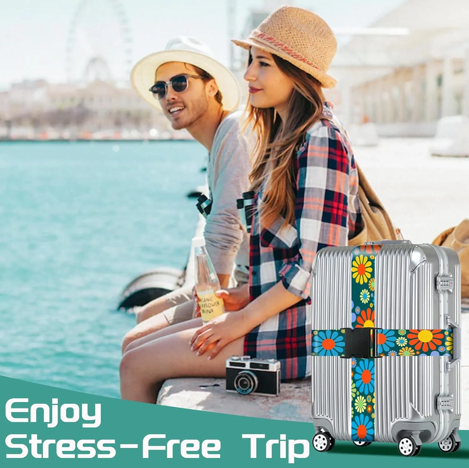 Slohif Luggage Straps for Suitcases Travel Belt Accessories Luggage Connector Identifiers 2 Pack Over Handle with Buckle Unique Nylon Adjustable Strap for Sleeping Bag Car Seat Cartoon Flower
