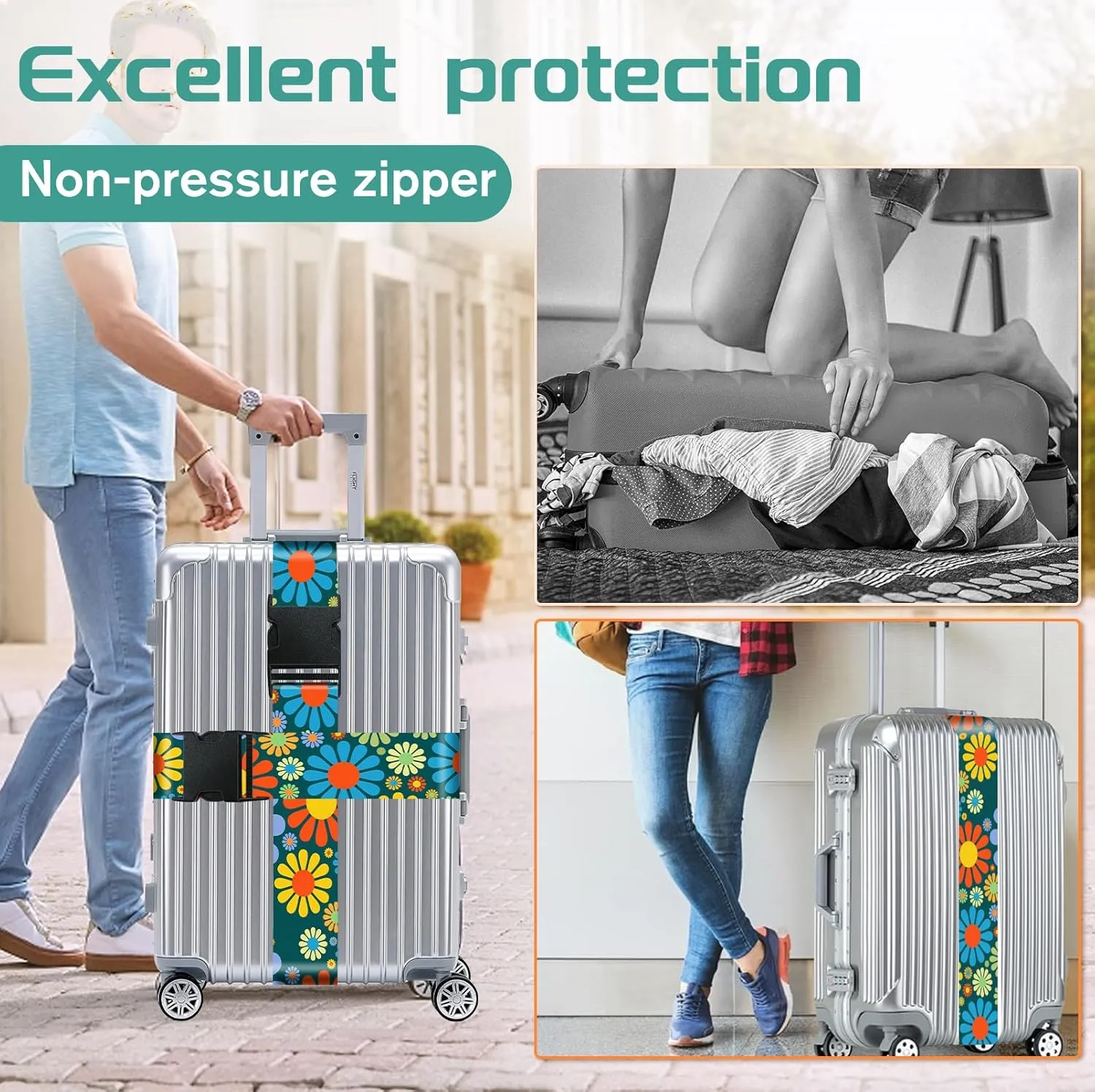 Slohif Luggage Straps for Suitcases Travel Belt Accessories Luggage Connector Identifiers 2 Pack Over Handle with Buckle Unique Nylon Adjustable Strap for Sleeping Bag Car Seat Cartoon Flower
