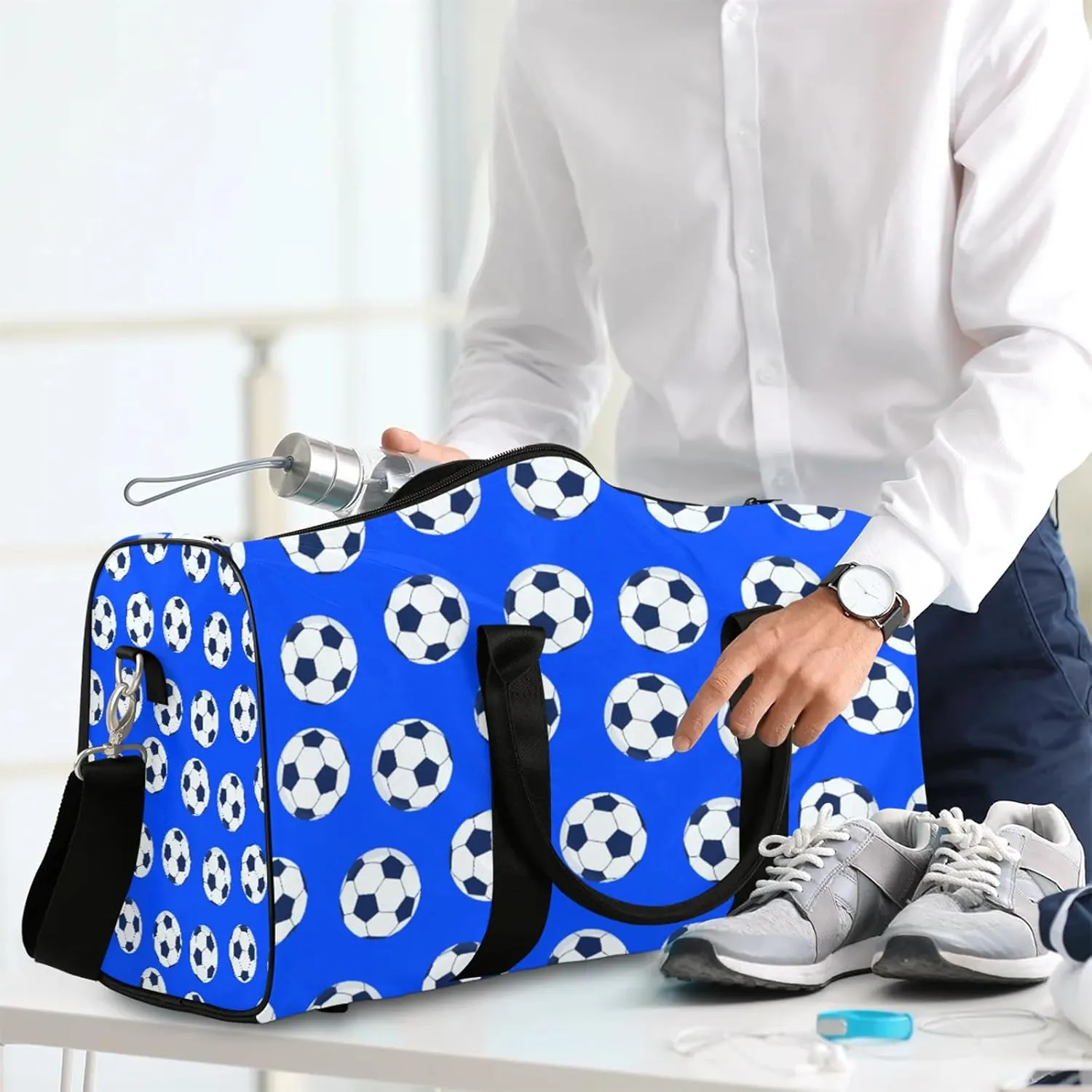 Soccer Travel Duffle Bag, Weekender Bags for Women Men Blue Carry on Overnight Bag Waterproof Gym Bags, Hospital Bag for Labor and Delivery