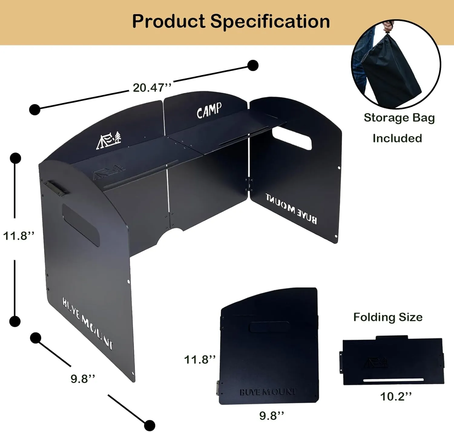 Stove Windscreen - Folding Camping Stove Windshield 4 Plates Stainless Steel Stove Windscreen with Shelf Board for Outdoor, Picnic, Backpacking and Cooking Black