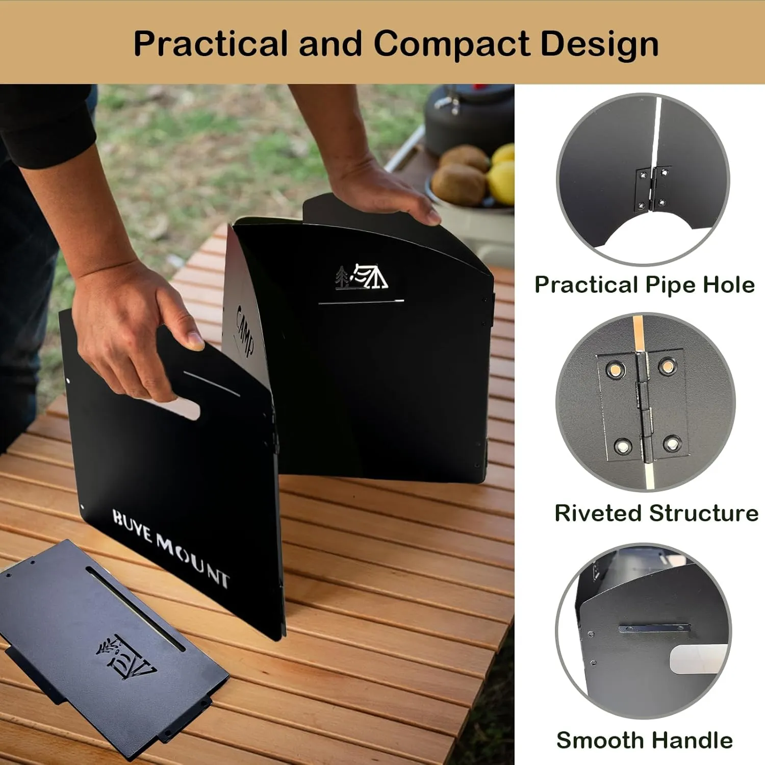 Stove Windscreen - Folding Camping Stove Windshield 4 Plates Stainless Steel Stove Windscreen with Shelf Board for Outdoor, Picnic, Backpacking and Cooking Black