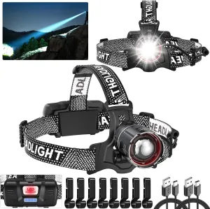 Super Bright Headlamp Rechargeable 2 Pack, High Lumen LED Head Lamp with Motion Sensor, 5 Modes, Zoomable Head Light for Forehead, 90 Adjustable, Waterproof Headlamps for Adults, Hard Hat, Camping