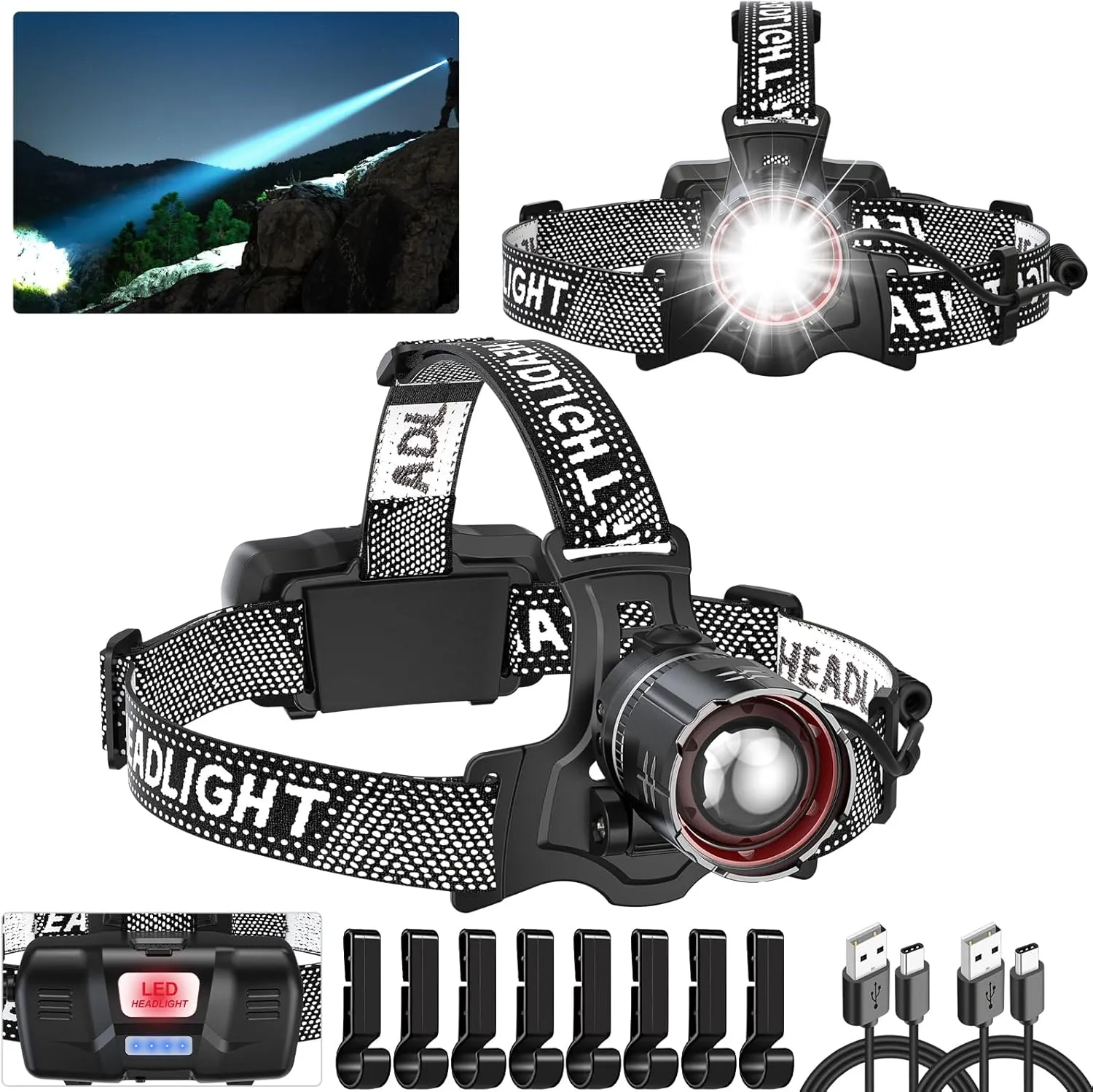 Super Bright Headlamp Rechargeable 2 Pack, High Lumen LED Head Lamp with Motion Sensor, 5 Modes, Zoomable Head Light for Forehead, 90 Adjustable, Waterproof Headlamps for Adults, Hard Hat, Camping