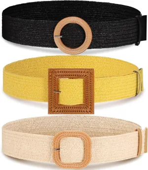 Syhood 3 Pieces Straw Woven Elastic Waist Belt for Women Bohemian Dress Braided Belt
