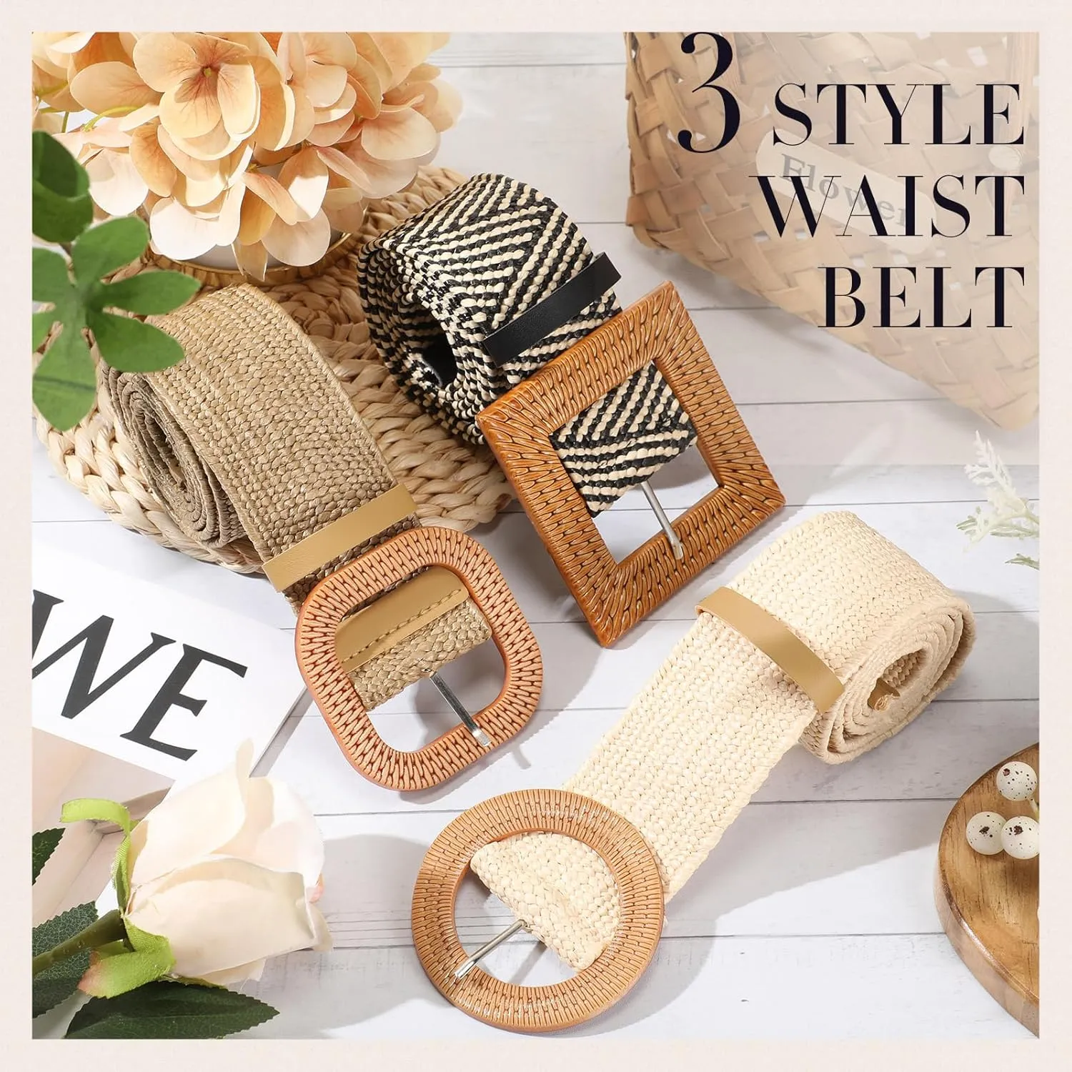 Syhood 3 Pieces Straw Woven Elastic Waist Belt for Women Bohemian Dress Braided Belt