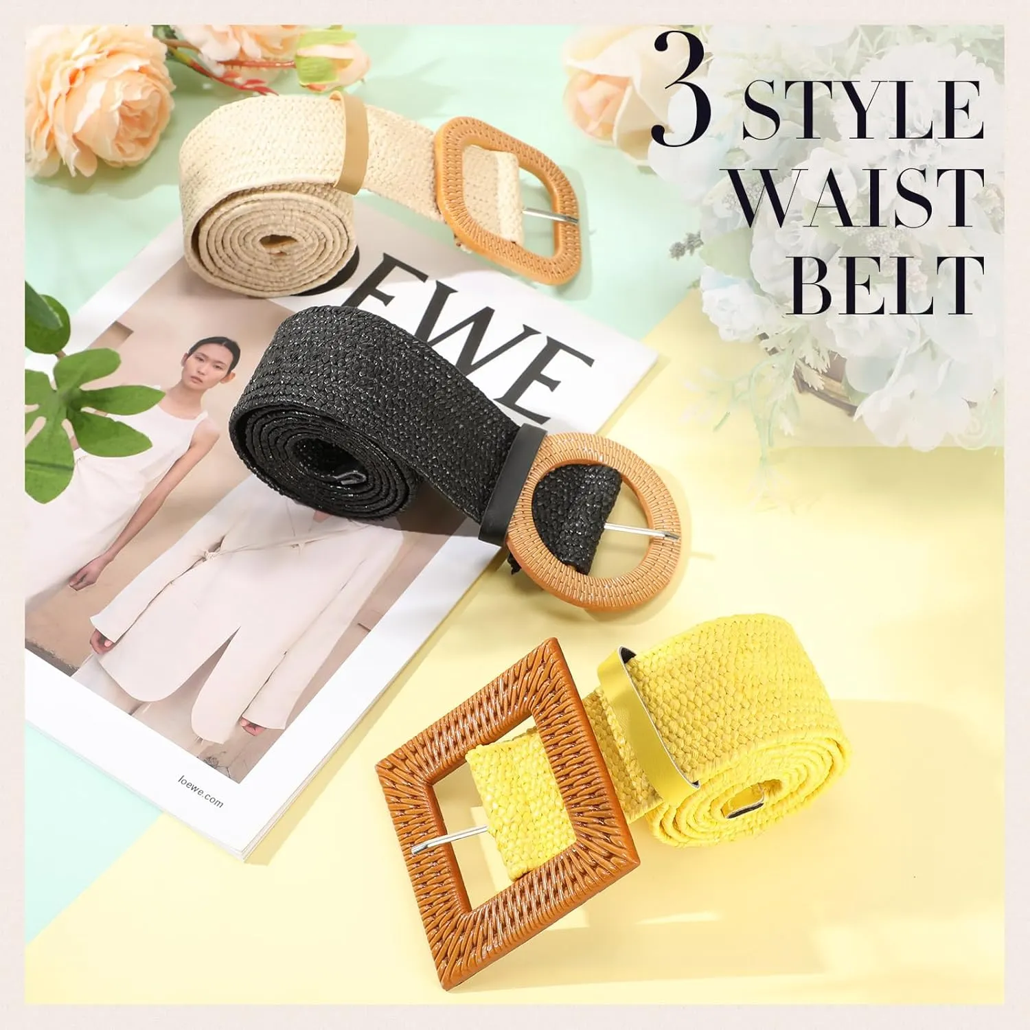 Syhood 3 Pieces Straw Woven Elastic Waist Belt for Women Bohemian Dress Braided Belt