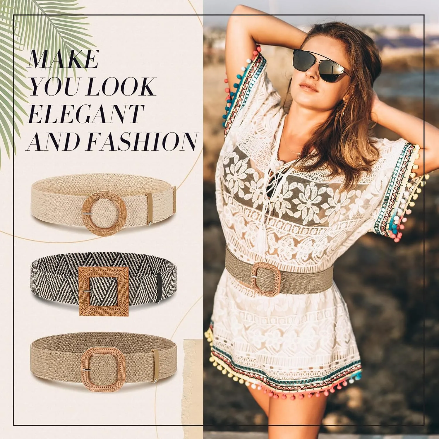 Syhood 3 Pieces Straw Woven Elastic Waist Belt for Women Bohemian Dress Braided Belt