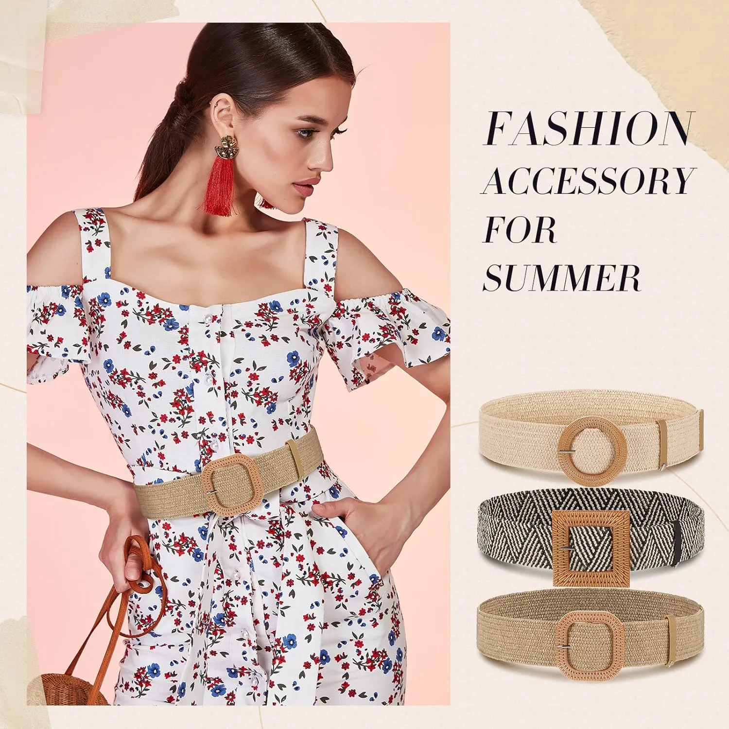 Syhood 3 Pieces Straw Woven Elastic Waist Belt for Women Bohemian Dress Braided Belt