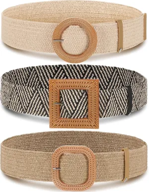 Syhood 3 Pieces Straw Woven Elastic Waist Belt for Women Bohemian Dress Braided Belt