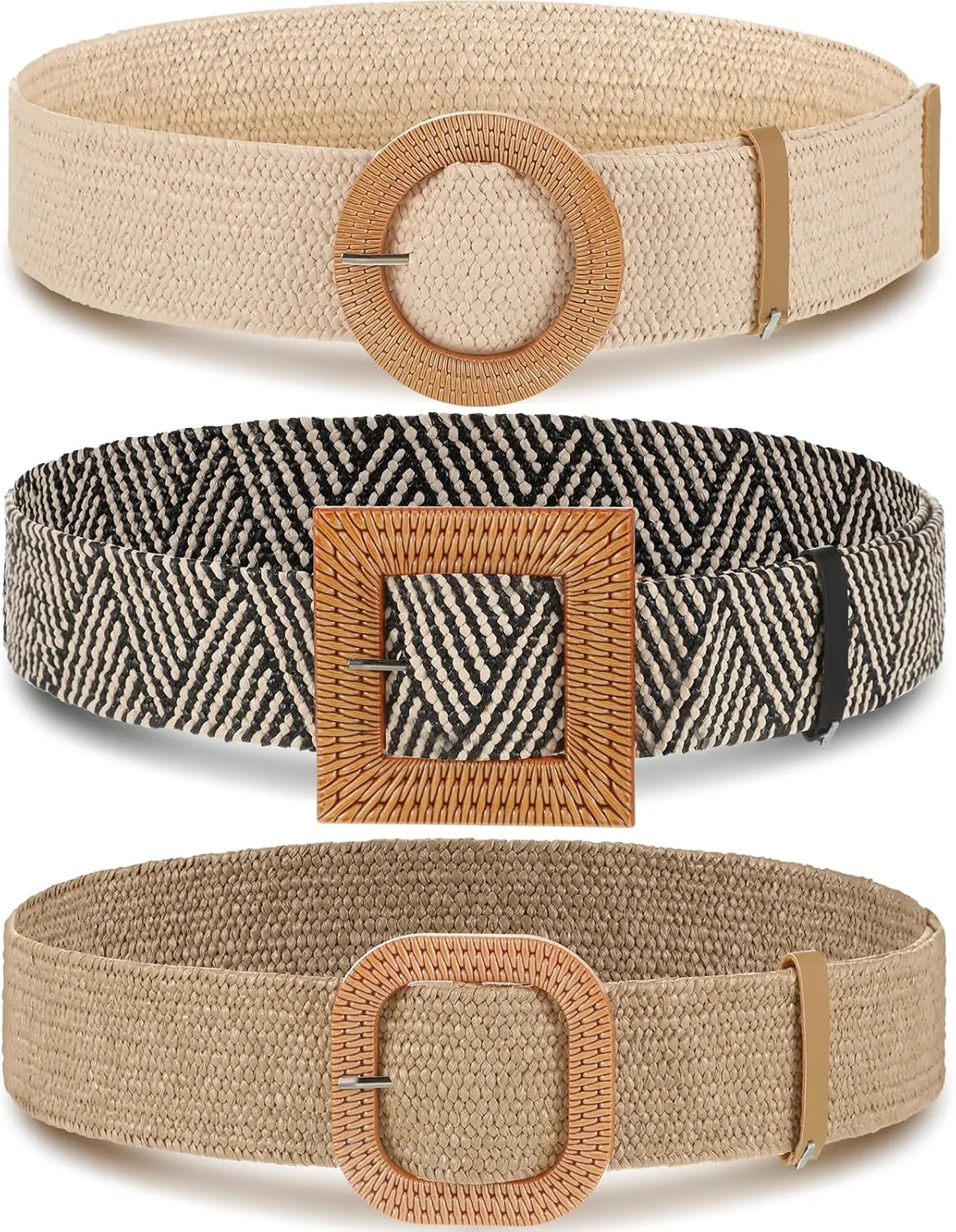Syhood 3 Pieces Straw Woven Elastic Waist Belt for Women Bohemian Dress Braided Belt
