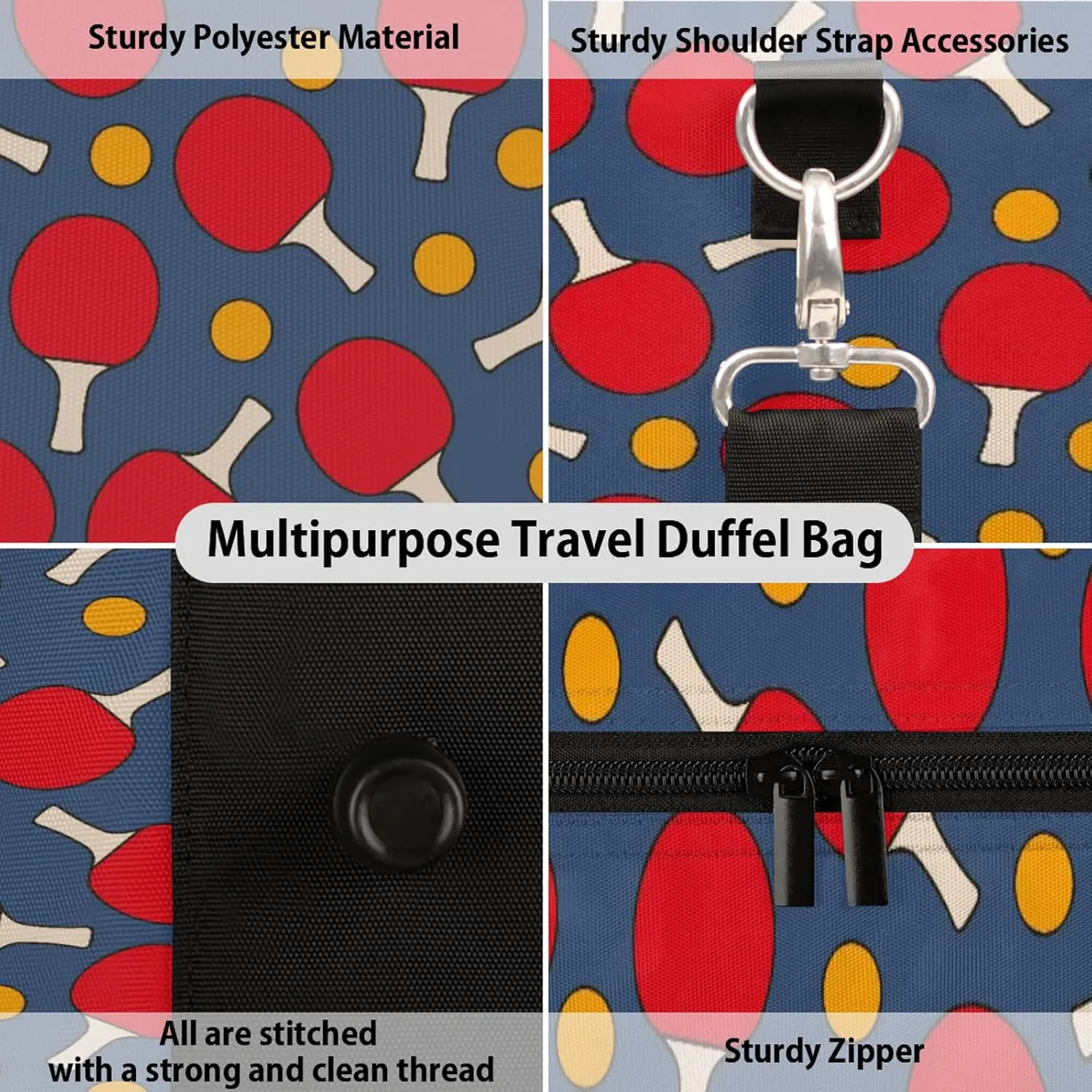 Table Tennis Pattern Travel Duffle Bag, Weekender Bags for Women Men Ping Pong Carry on Overnight Bag Waterproof Gym Bags, Hospital Bag for Labor and Delivery