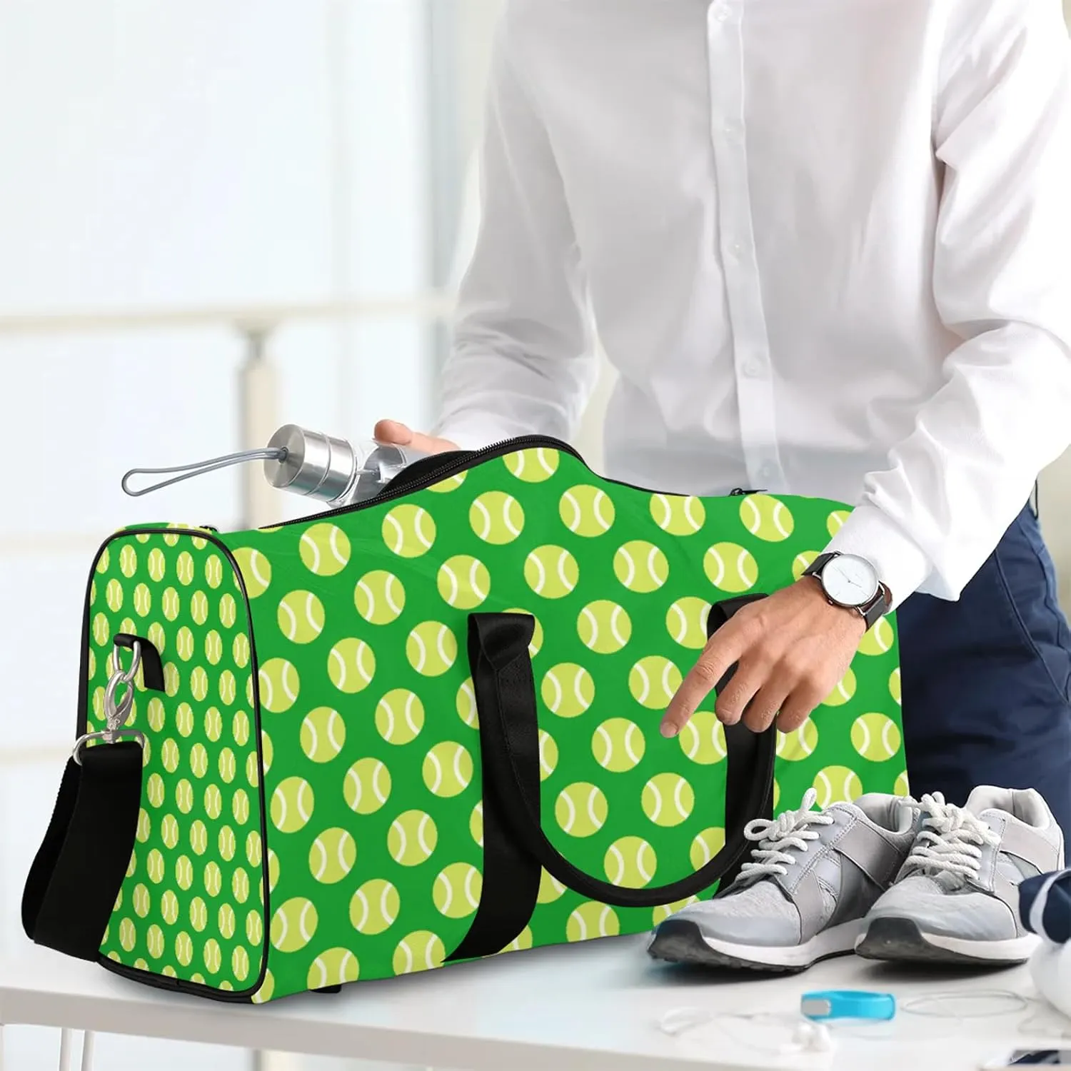 Tennis Ball Travel Duffle Bag, Weekender Bags for Women Men Sports Theme Green Carry on Overnight Bag Waterproof Gym Bags, Hospital Bag for Labor and Delivery
