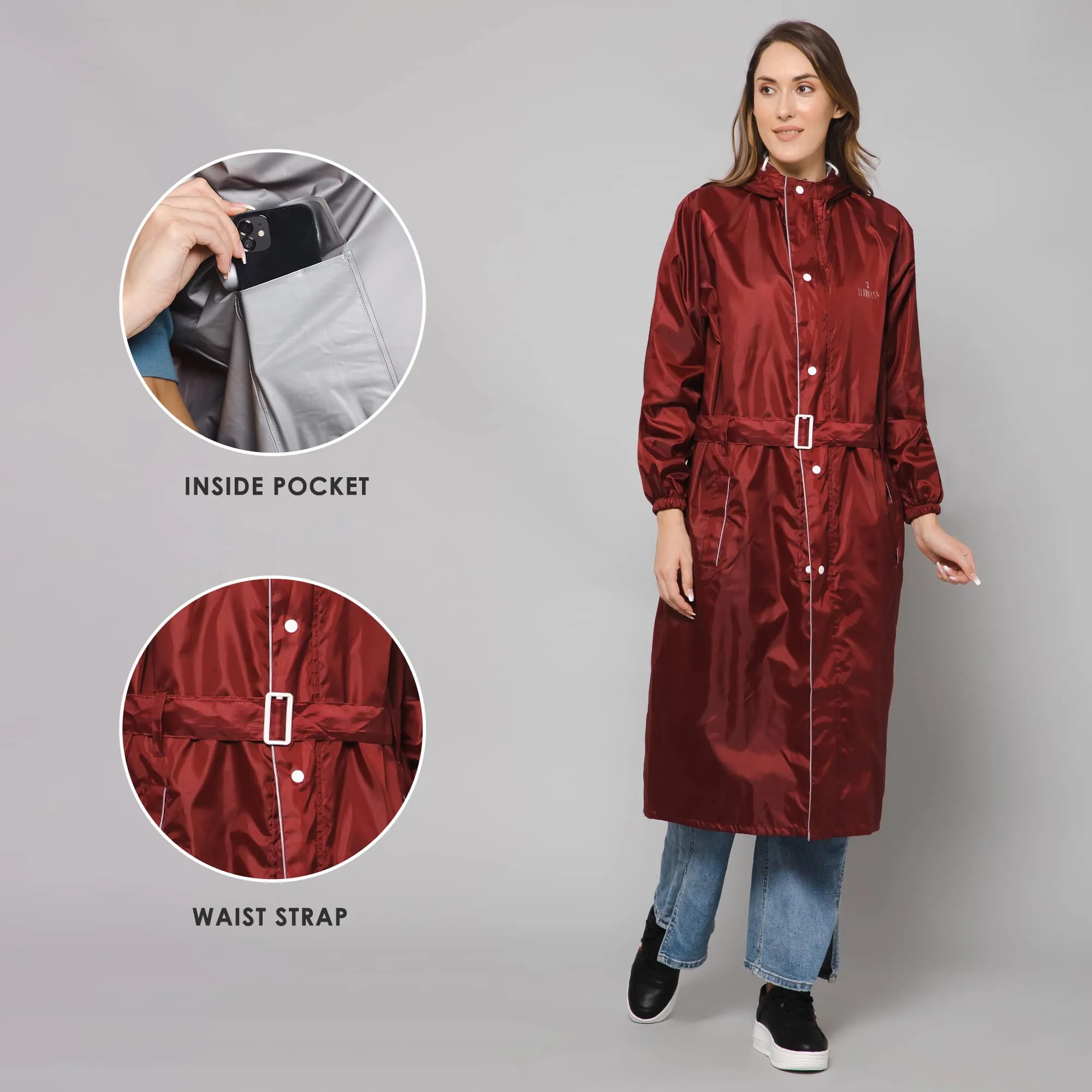 The Clownfish by STRAUSS Polyester Raincoats for Women Raincoat for Ladies Waterproof Reversible Double Layer. Drizzle Diva Series (Maroon, X X-Large)