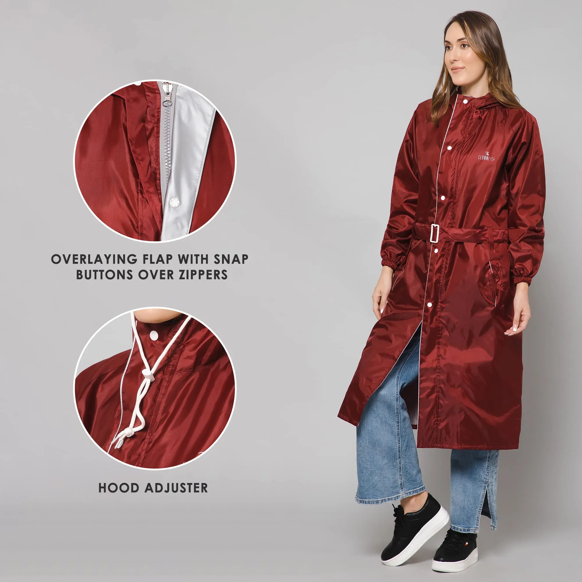 The Clownfish by STRAUSS Polyester Raincoats for Women Raincoat for Ladies Waterproof Reversible Double Layer. Drizzle Diva Series (Maroon, X X-Large)
