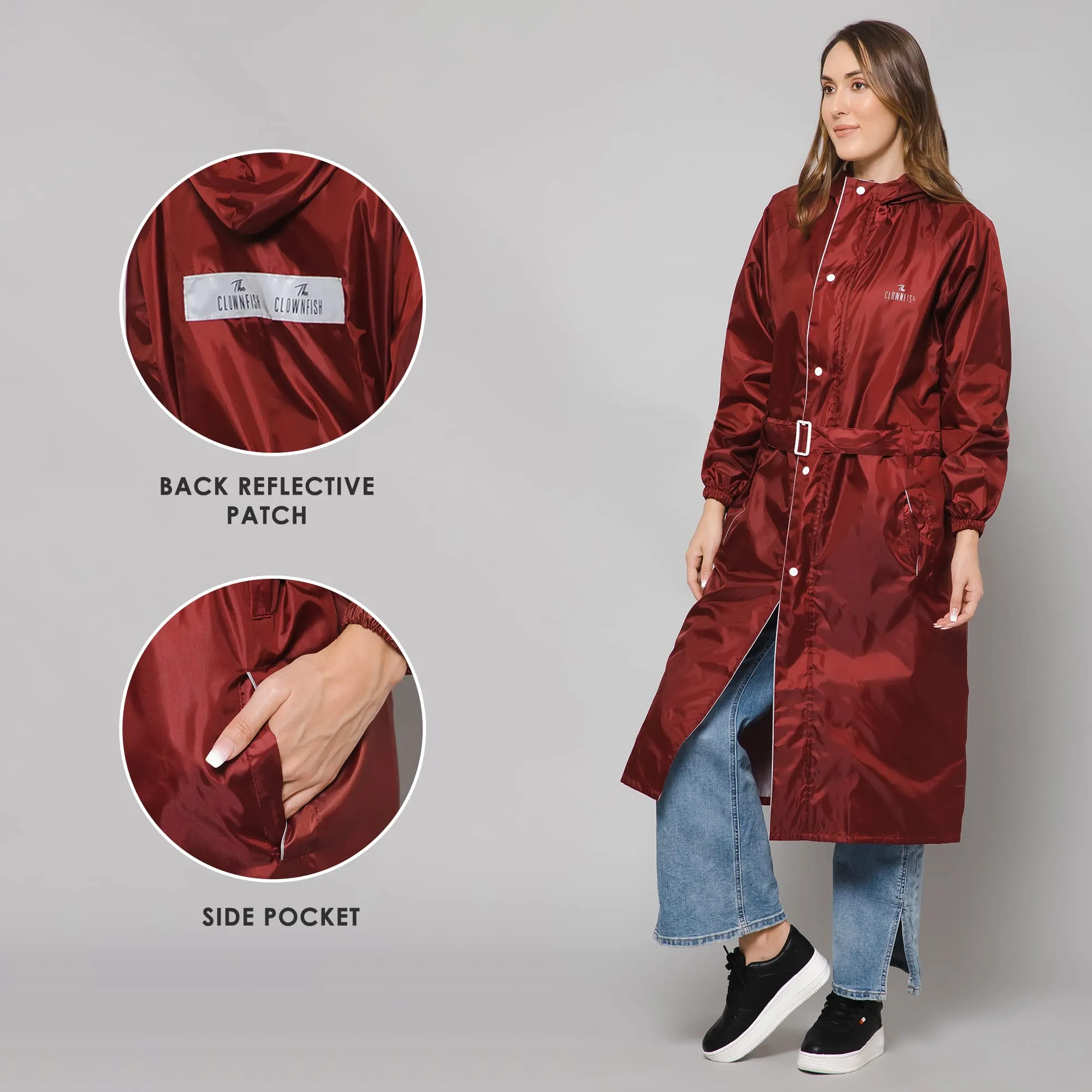 The Clownfish by STRAUSS Polyester Raincoats for Women Raincoat for Ladies Waterproof Reversible Double Layer. Drizzle Diva Series (Maroon, X X-Large)