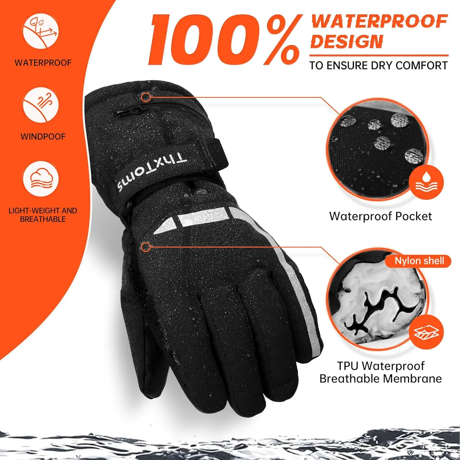 ThxToms Ski Gloves Snow Gloves for Men Women, Waterproof Winter Gloves, 3M Thinsulate Warm Gloves, Unisex Touchscreen Snowboarding Gloves, Men Women Gloves with Pocket for Cold Weather
