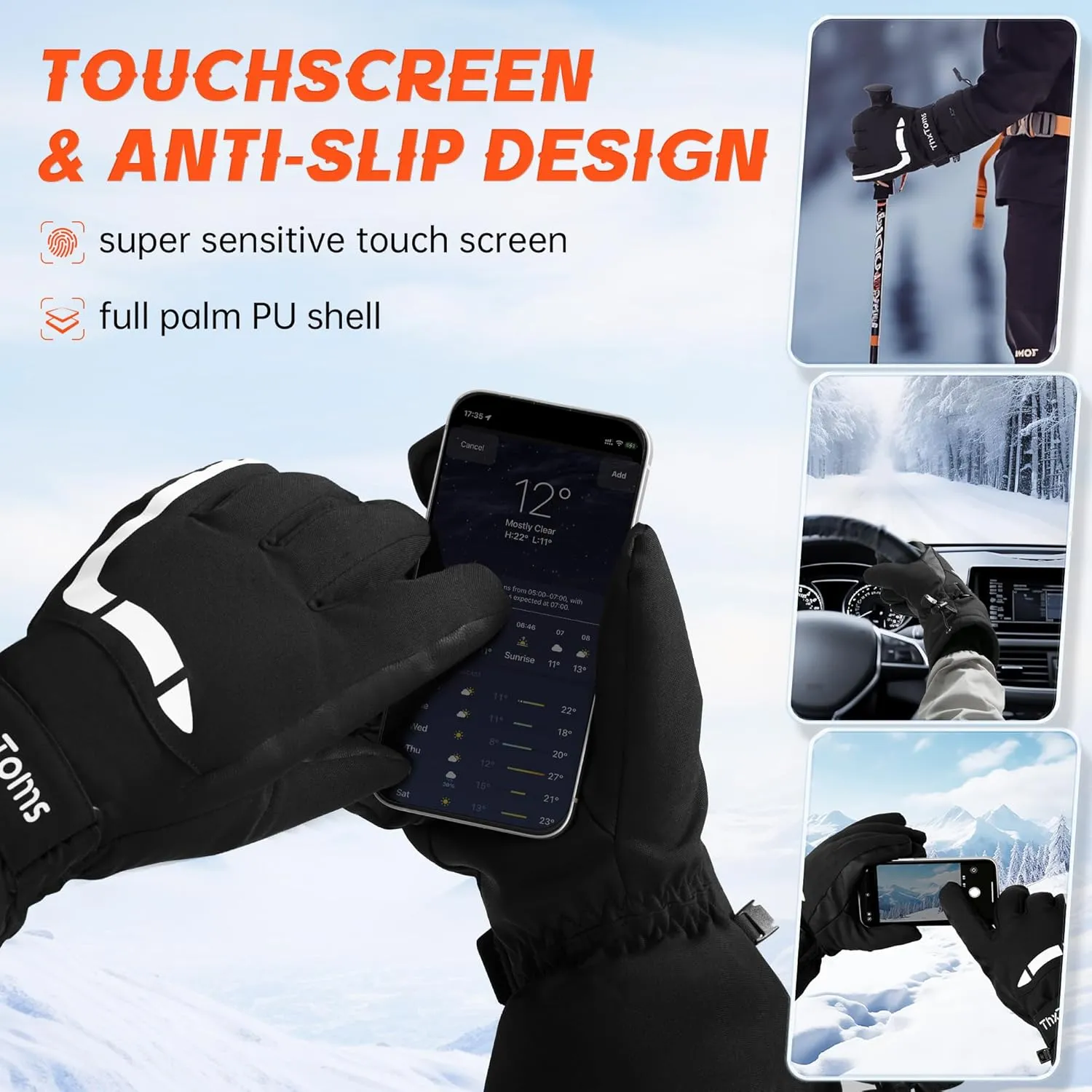 ThxToms Ski Gloves Snow Gloves for Men Women, Waterproof Winter Gloves, 3M Thinsulate Warm Gloves, Unisex Touchscreen Snowboarding Gloves, Men Women Gloves with Pocket for Cold Weather
