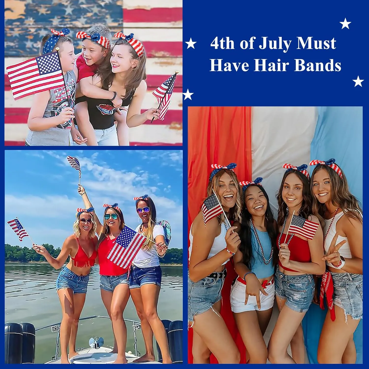 Tobeffect 4th of July Headbands for Women with Bow Non Slip - American Flag Women's Headbands Patriotic - Red White and Blue Rabbit Ear Hairbands for Independence Day 3 Packs