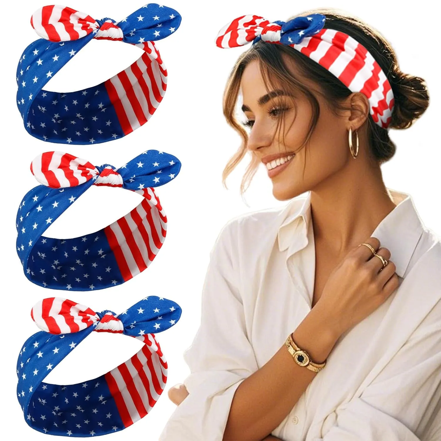Tobeffect 4th of July Headbands for Women with Bow Non Slip - American Flag Women's Headbands Patriotic - Red White and Blue Rabbit Ear Hairbands for Independence Day 3 Packs